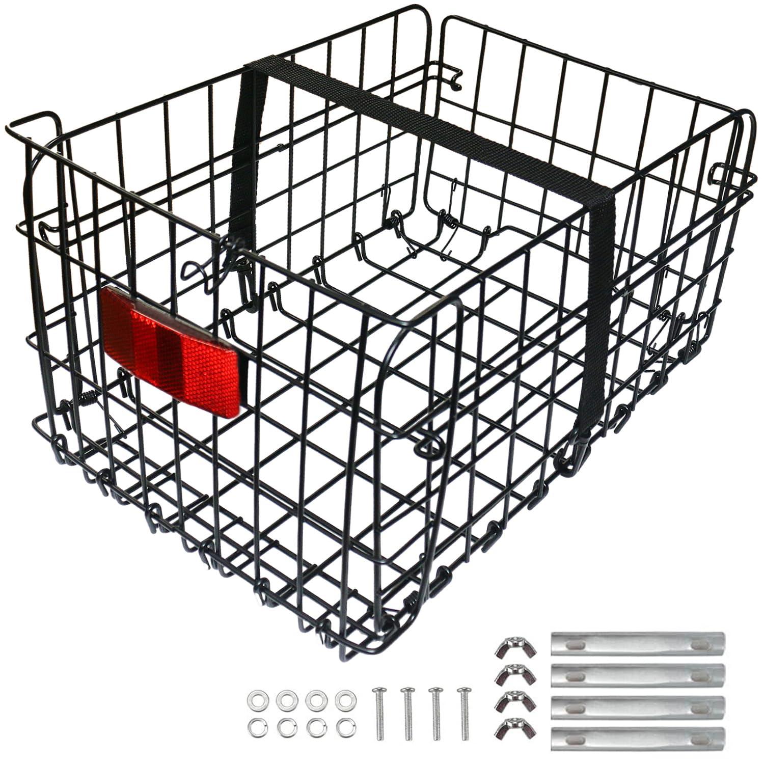 Huntoshon Folding Rear Bike Basket, Huntoshon Quickly Release Metal Bicycle Rack Cargo Basket with Strap & Reflective Tail Light for Most Mounted Bike Rack
