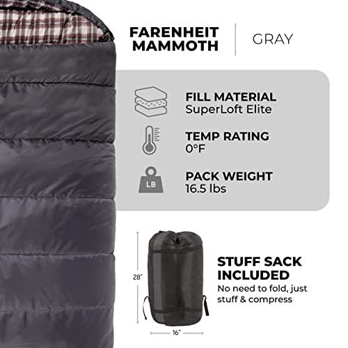 TETON Sports TETON Sports Fahrenheit Mammoth +20F/-7C Queen-Size Double Sleeping Bag; Warm and Comfortable; Double Sleeping Bag Great for Family Camping; Compression Sack Included, Grey (1064), +20F/ 94" X 62"/ Gr