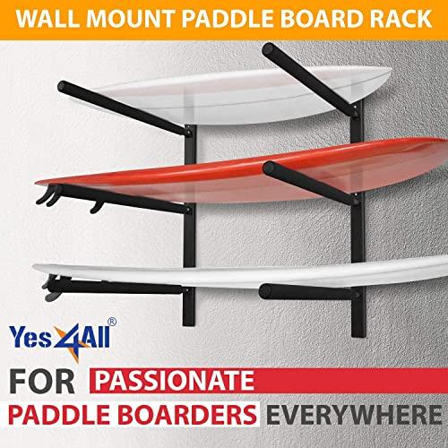 Yes4All Yes4All Heavy Duty Steel Wall Mount Paddle Board Racks, Surfboard Hanger with Padded Foam, Store & Display Up to 3 Surfboards, Snowboards, Longboards, Black, 34.25\" x 5.51\" x 3.54\"