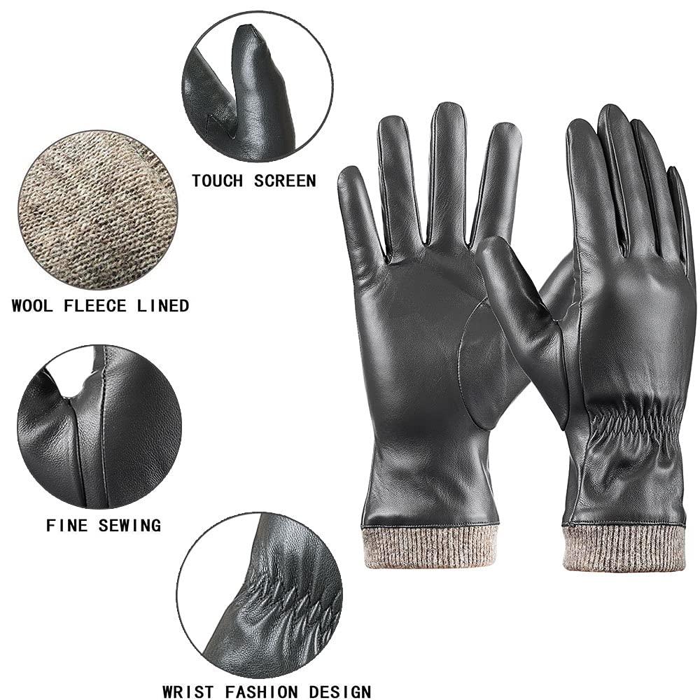 REDESS REDESS Winter Leather Gloves for Women, Wool Fleece Lined Warm Gloves, Touchscreen Texting Thick Thermal Snow Driving Gloves