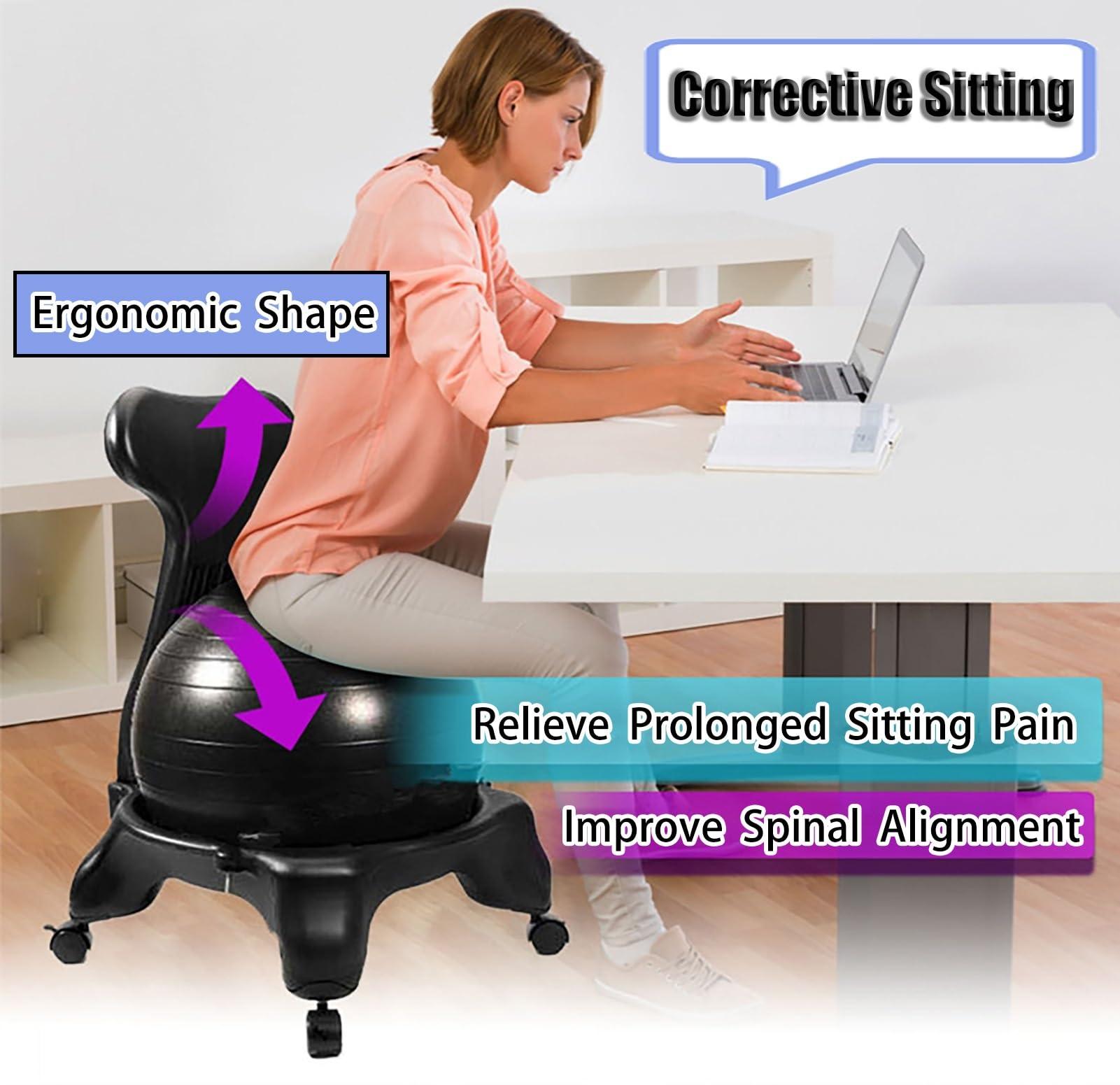 CMYUN Yoga Ball Chair Balance Ball Chair with Roller, Ergonomic Seat for Home & Office, Exercise Stability Comfort Yoga Balls, Include Air Pump Base Back Support (Color : Black)