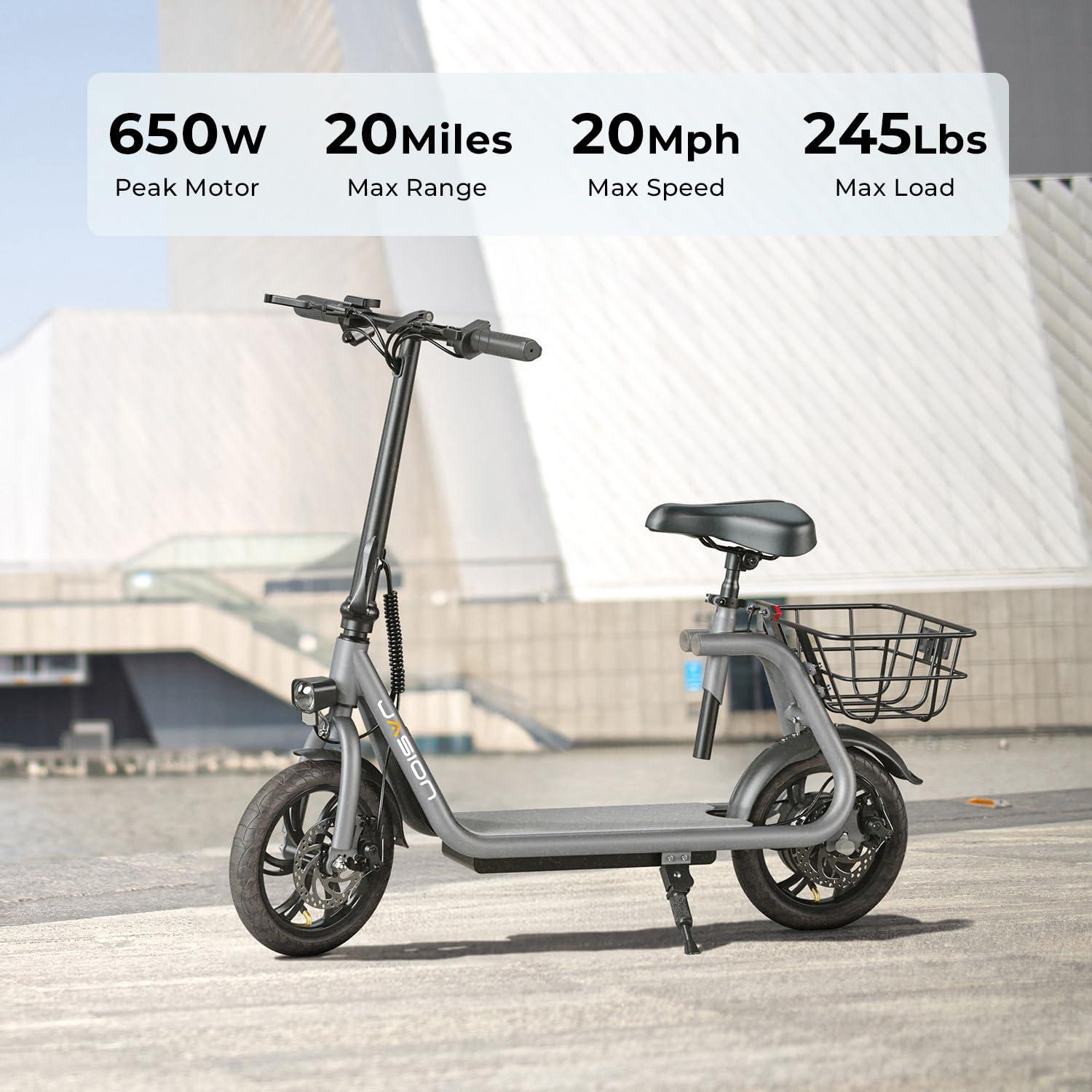 Jasion Jasion Electric Scooter Adults, 650W Peak Motor Electric Scooter with Seat Up to 20MPH, 20 Miles Ranges Foldable E-Scooter for Adults, Sports Scooters for Commuting with Basket(JS3)