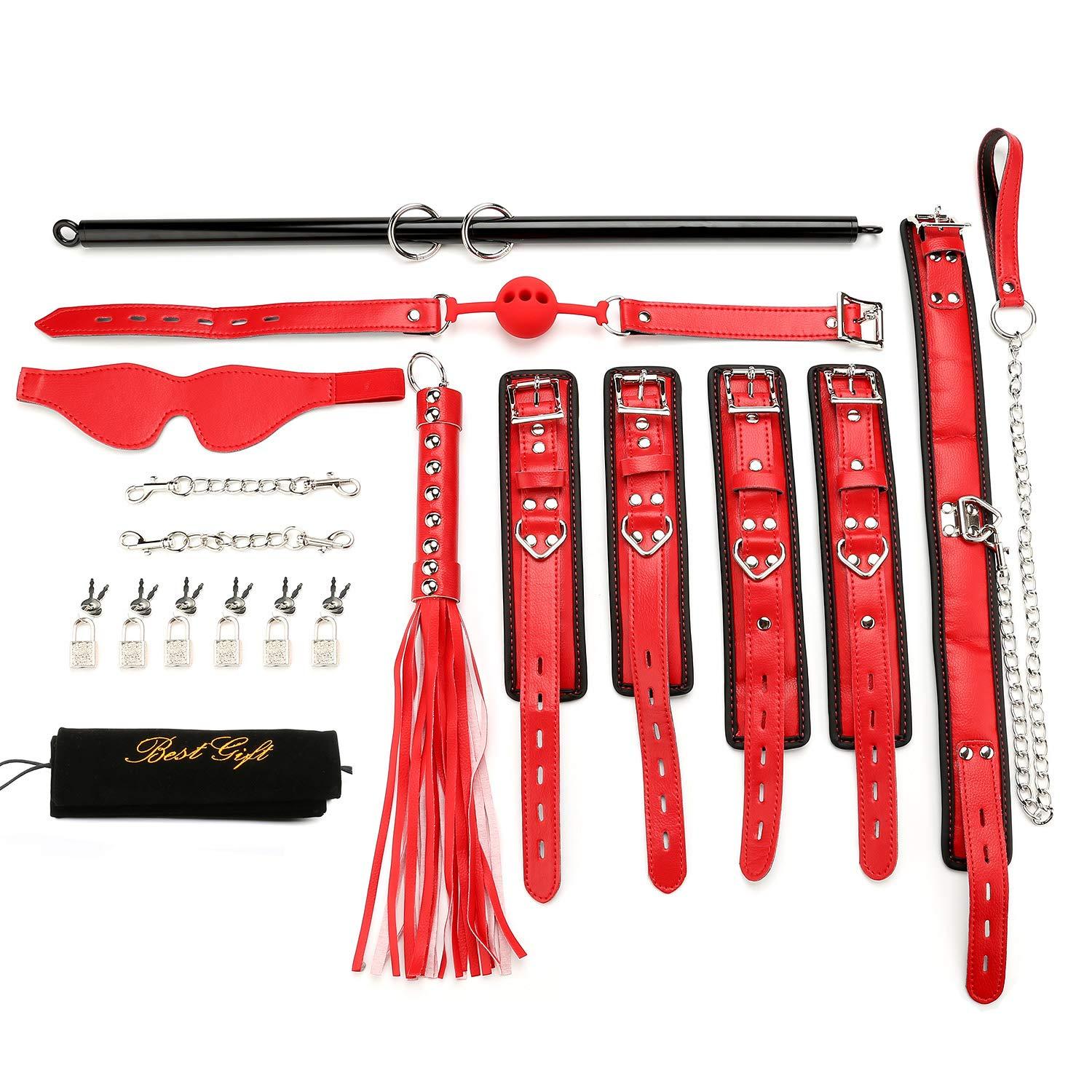 EXREIZST EXREIZST Adjustable Expandable Black Spreader Bar with Red Leather Straps Sports Exercise Training System Set Kit