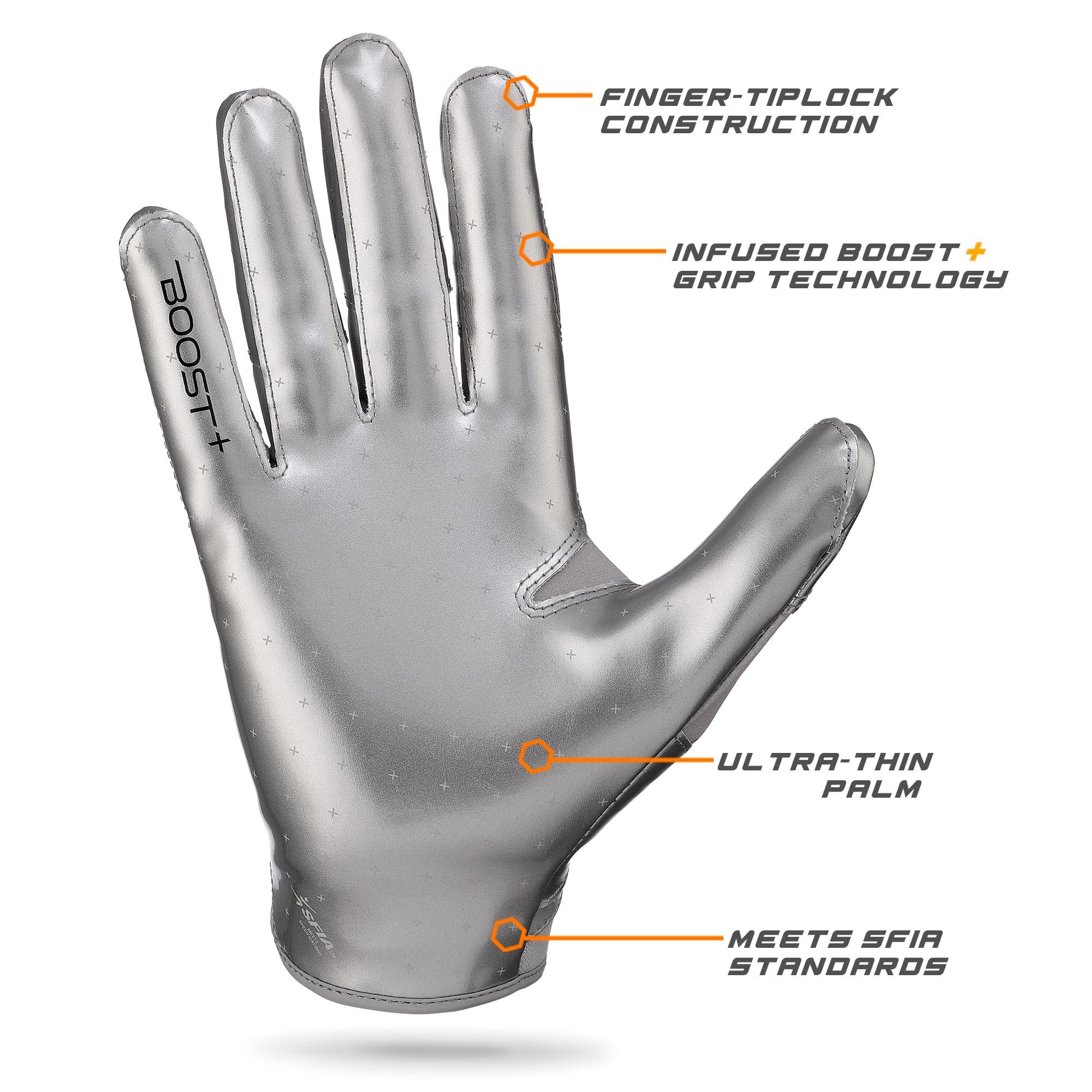 Grip Boost Grip Boost Football Gloves - Solid Stealth 6.0 Boost Plus Sticky Technology - Adult and Youth Football Gloves for Wide Receiver - Men's and Boys Sizes (Solid Chrome, Large)