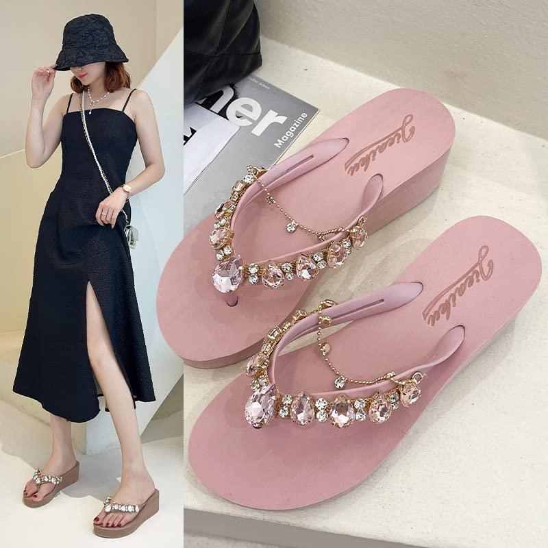 DYJAGYO DYJAGYO Women's Rhinestone Chain Platform Wedge Flip Flop Sandals,Women's Rhinestone Flip Flops,Fashion Flip Flop Sandals for Parties and Weddings (Green,38)
