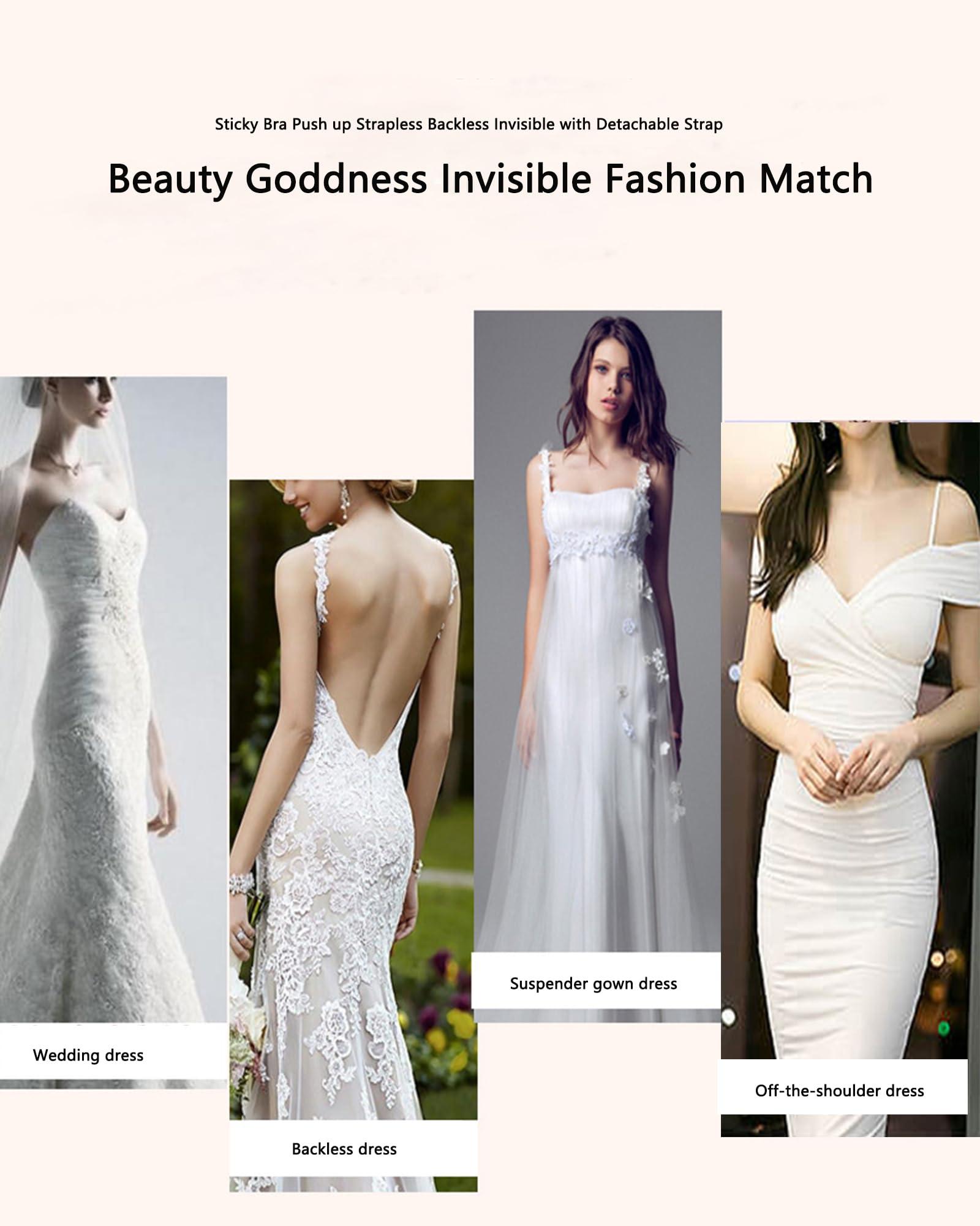 Kelivy Adhesive Bra Push up Strapless Sticky Invisible Upgrade Lace Bras for Women Dress Backless with Detachable Strap Nipple Cover