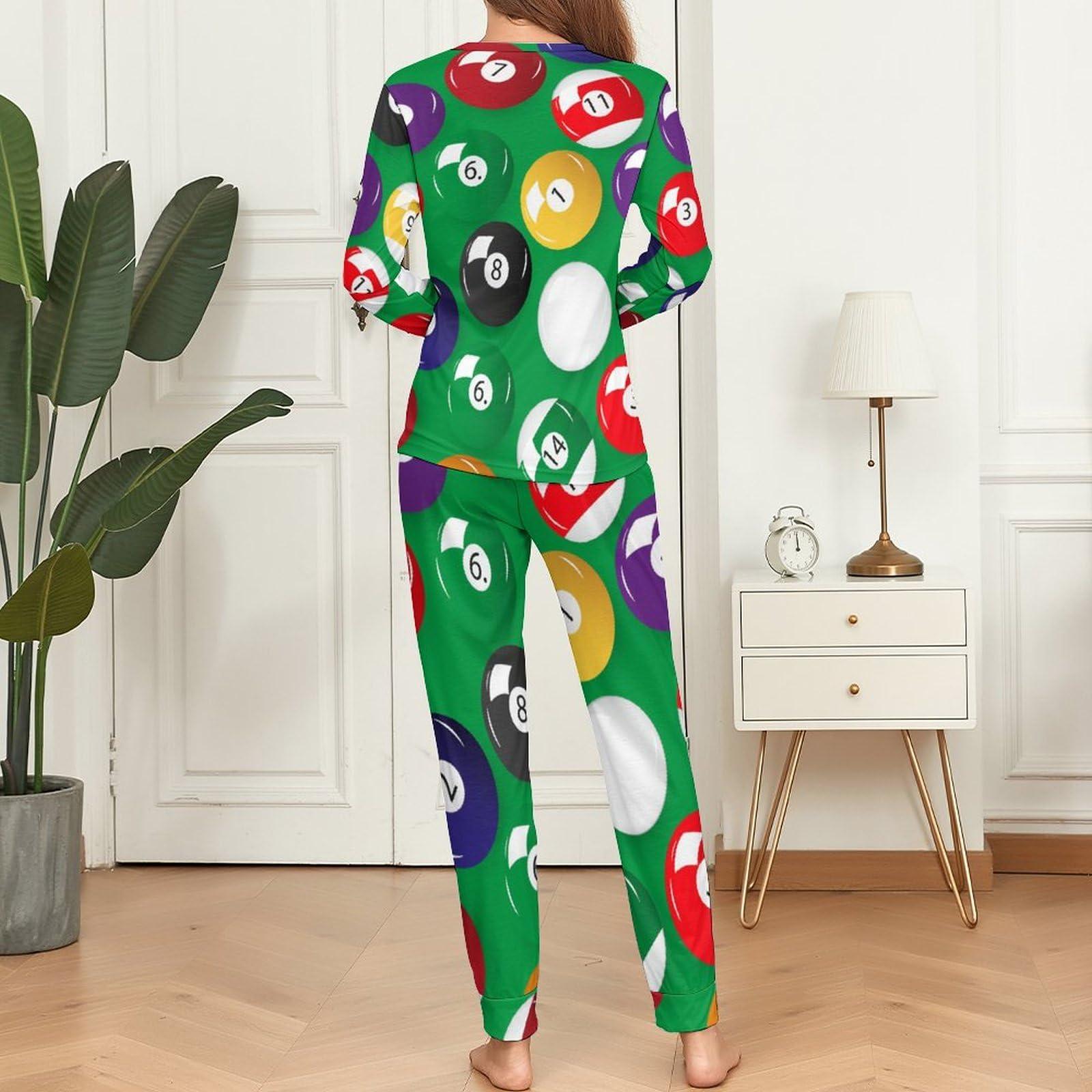 RIVNGJDE5 Billiards Pool Table Balls Comfortable Fit Pajamas for Women Set Crew Neck Breathable Lounge Sets with Pockets S