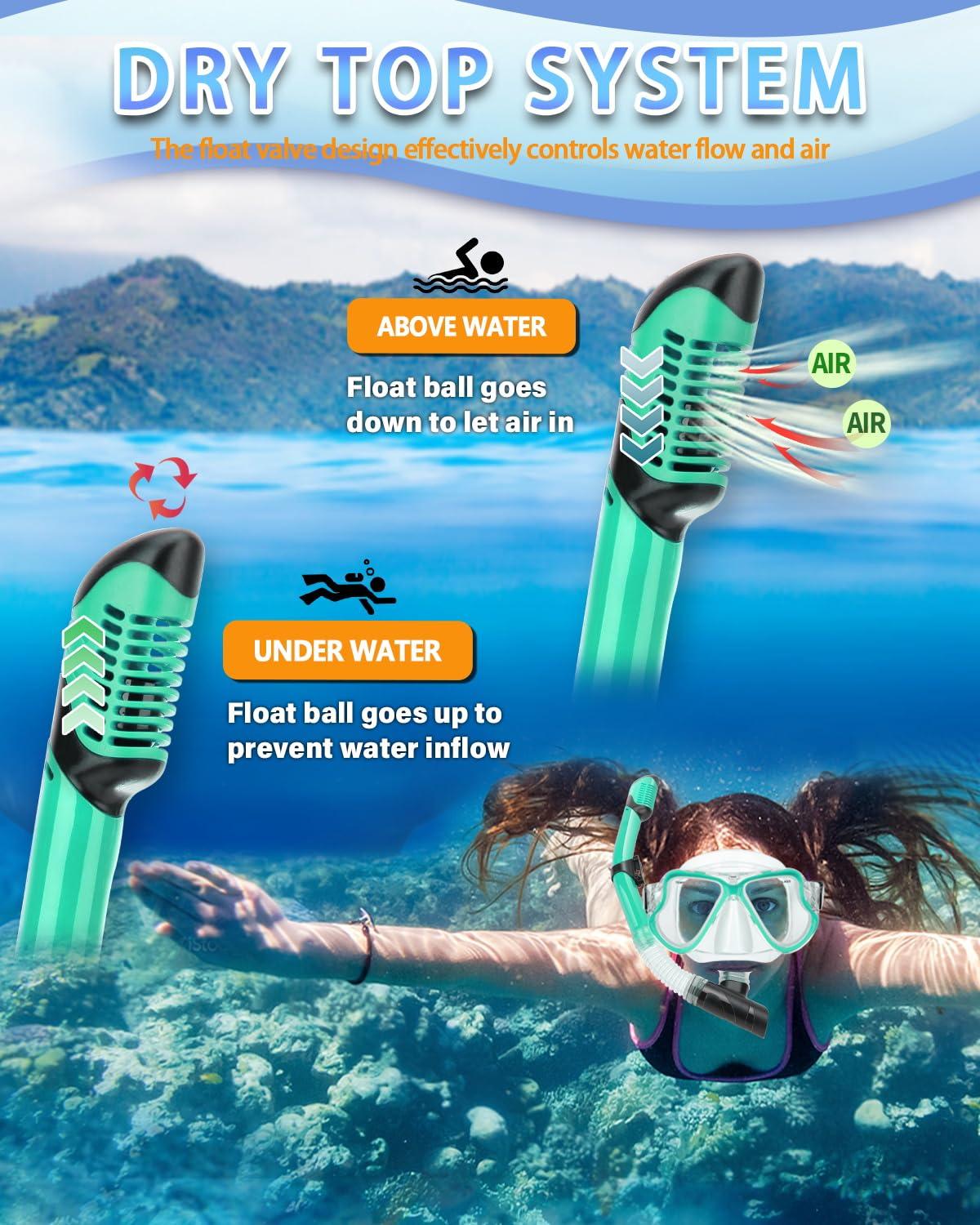 PIYAZI PIYAZI Snorkeling Gear for Adults Kids, Dry Snorkeling Set, Panoramic Anti-Leak and Anti-Fog Tempered Glass Lens, Adjustable Strap Snorkel Set with Mesh Bag Ear Plug for Snorkeling Scuba Diving Travel