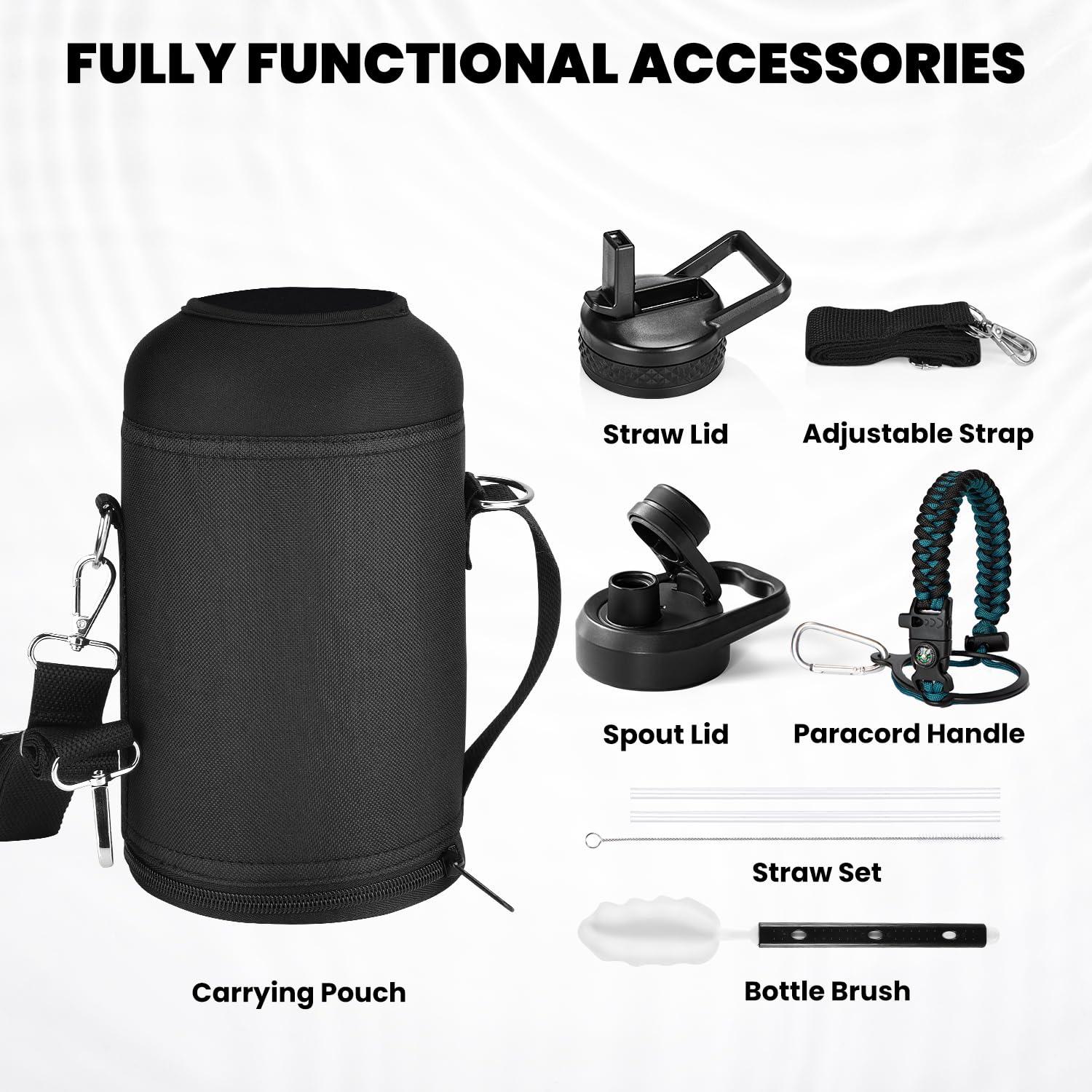 RAYMYLO RAYMYLO Insulated Water Bottle 64 oz, Triple Wall Vacuum Stainless Steel (Cold for 48 Hrs), Leak Proof & Non-BPA, Half Gallon Water Flask Jug with Paracord Handle & Straw Spout Lids