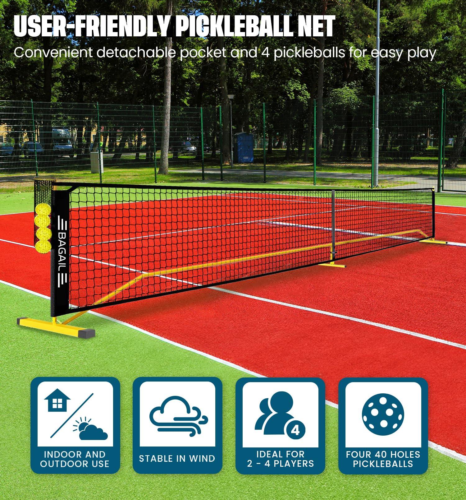 BAGAIL BAGAIL Portable Pickleball Net Set + 4 Pack Pickleball Paddles 22 FT Regulation Size & 11 FT Half Court Size 2-in-1 Pickle Ball Net with Ball Collector