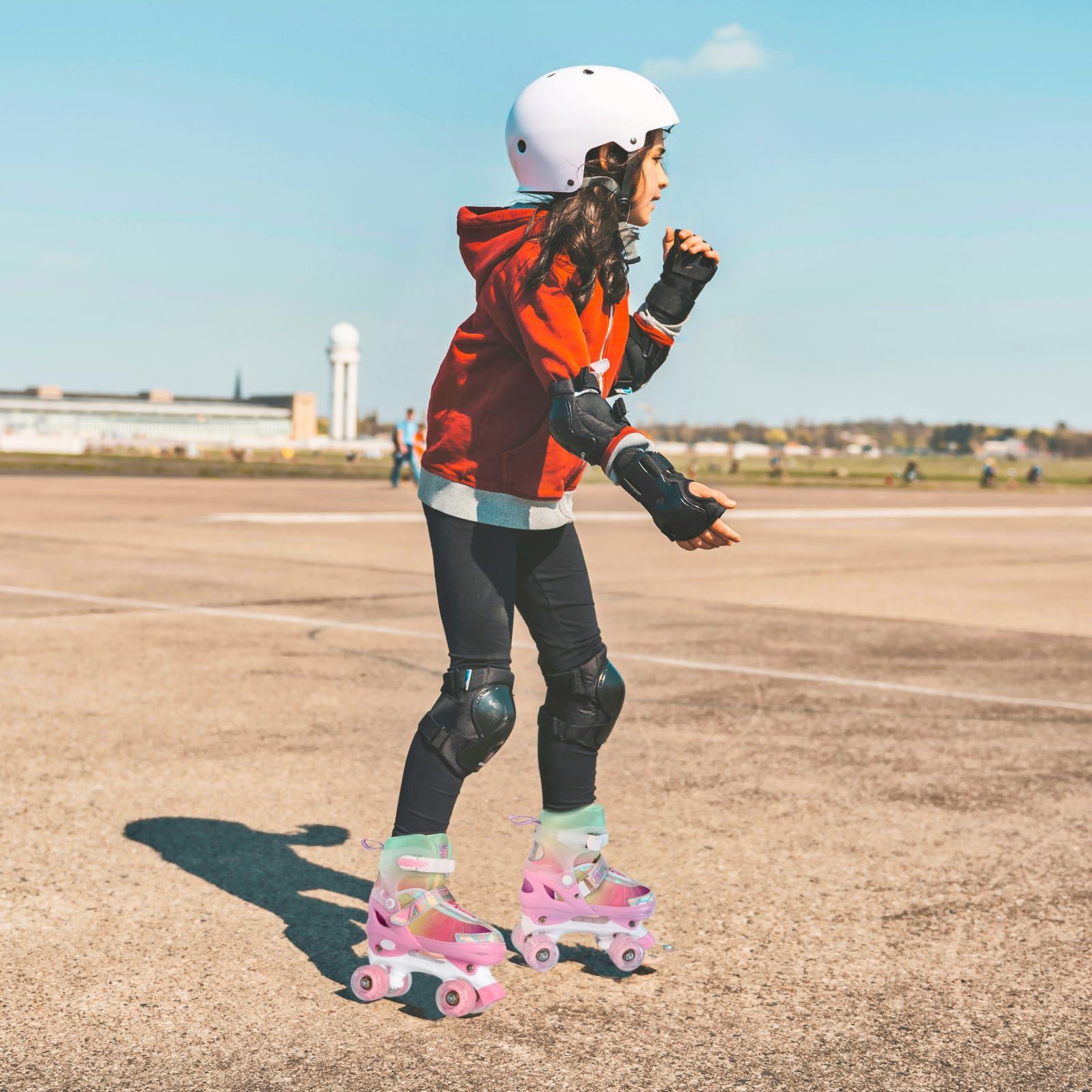 LEVYTEMP LEVYTEMP Rainbow Roller Skates for Girls Kids, Gradient Pink 4 Size Adjustable Quad Skates Size Medium Ages 6-12 with All Light Up Wheels for Kids Youth Outdoor Indoor