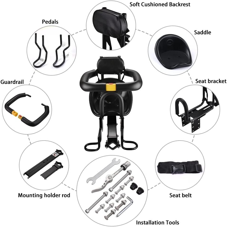 Felixstory Bike Child Seat, Bike Kids Seat with Cushion Backrest Armrest and Fence Guadrail, Electric Bike Child Seat for 2-6 Years Old, High Seat Cushion Backrest Mountain more Safety (Front bar seat)