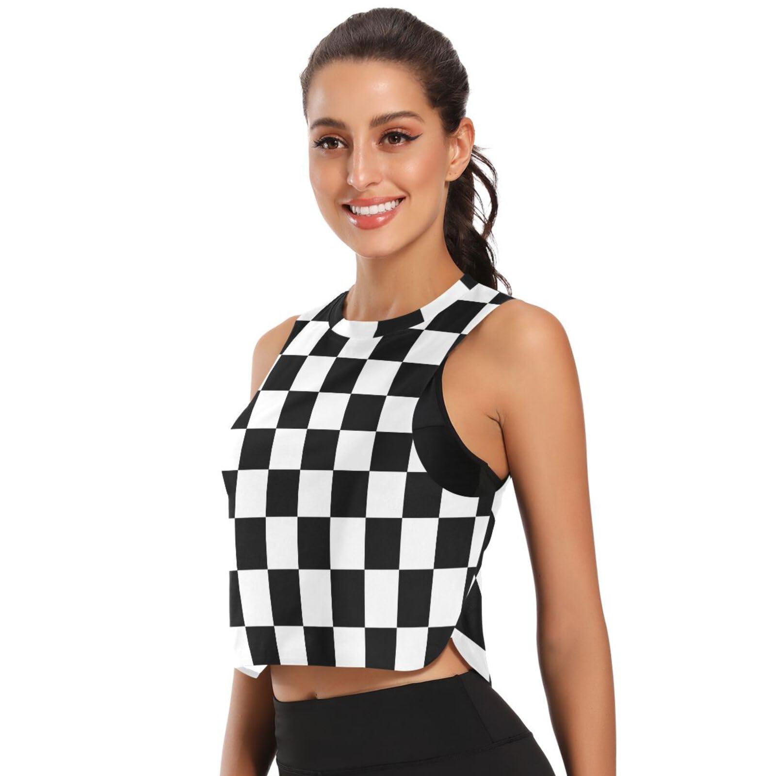 HURPAN Racing Checkered Flag Women's Crop Top Workout Shirts Sleeveless Muscle Tank Athletic Crop Tank Top