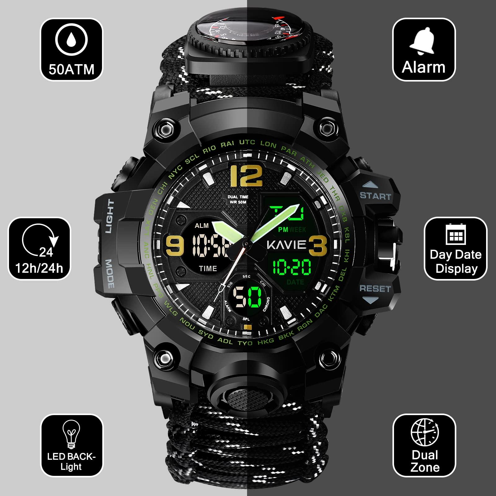 Smilkat Smilkat 23-in-1 Tactical Survival Digital Watch, Men Military Multi-Functional and Adjustable Wristband Outdoor Waterproof Sports Watches with Compass Paracord Black Reflective Band