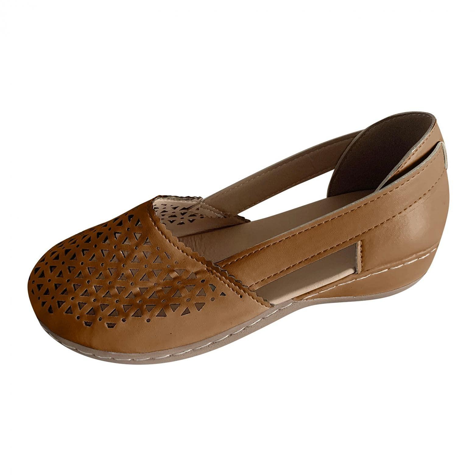 Hbeylia Hbeylia Women's Wedge Ballet Flats Vintage Boho Hollow Out Square Toe Leather Slip On Loafers Soft Comfort Bohemian Platform Walking Shoes Dress Beach Shoes for Women Ladies Travel Brown