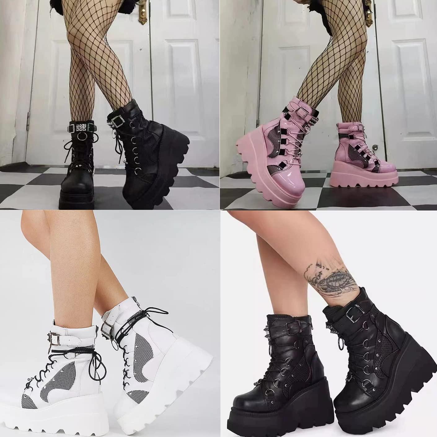 ZBYY ZBYY Women\'s Combat Ankle Boots Zipper Lace Up Chunky Military Platform Shoes Wedge Heel Studded Goth Mid Calf Combat Booties