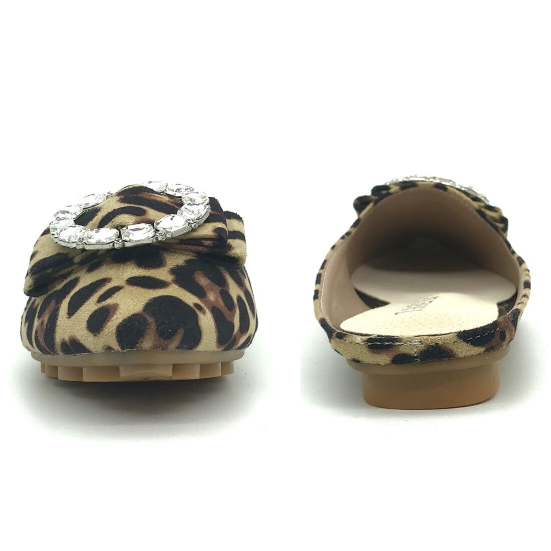 Starella Rhinestone Mules for Women Flats Shoes Slip On Backless Loafer Pointed Toe Dress Mule Slides Velvet Leopard EU43/US10