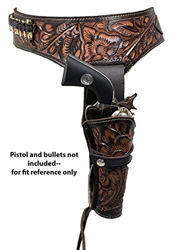 Open Road Goods 38/357 Caliber Western Leather Gun Holster & Belt - Cowboy Style Single Drop Rig Standard Barrel - Authentic Handmade Hand Tooled (Brown, 54)
