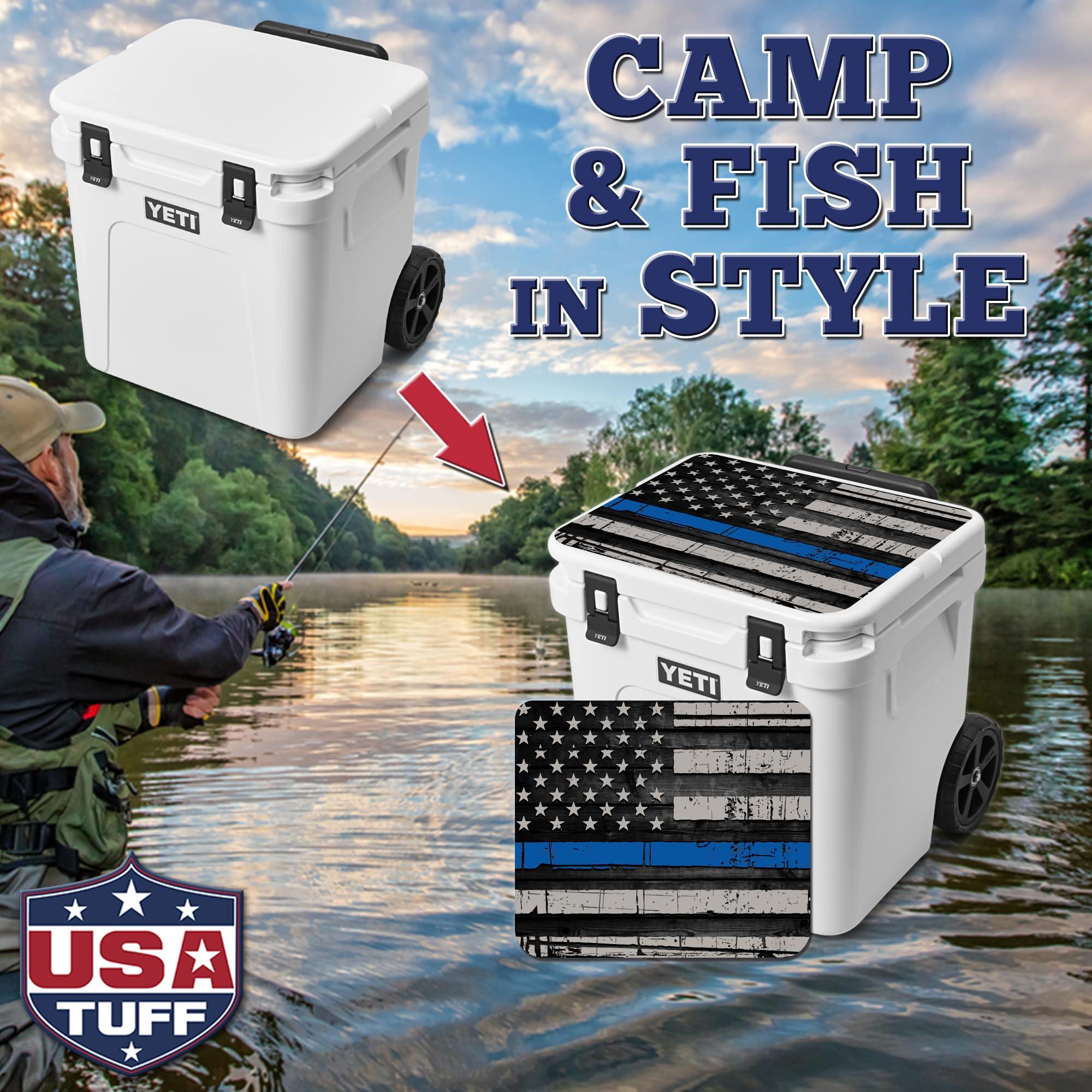 USATuff USATuff Vinyl Cooler Lid Kit Compatible with YETI 60 qt Roadie Wheeled | Easy Peel & Stick Application Cooler Skin Decal Wrap | Durable Pre-Cut Pieces | Made for Outdoor Use - Thin Blueline Flag