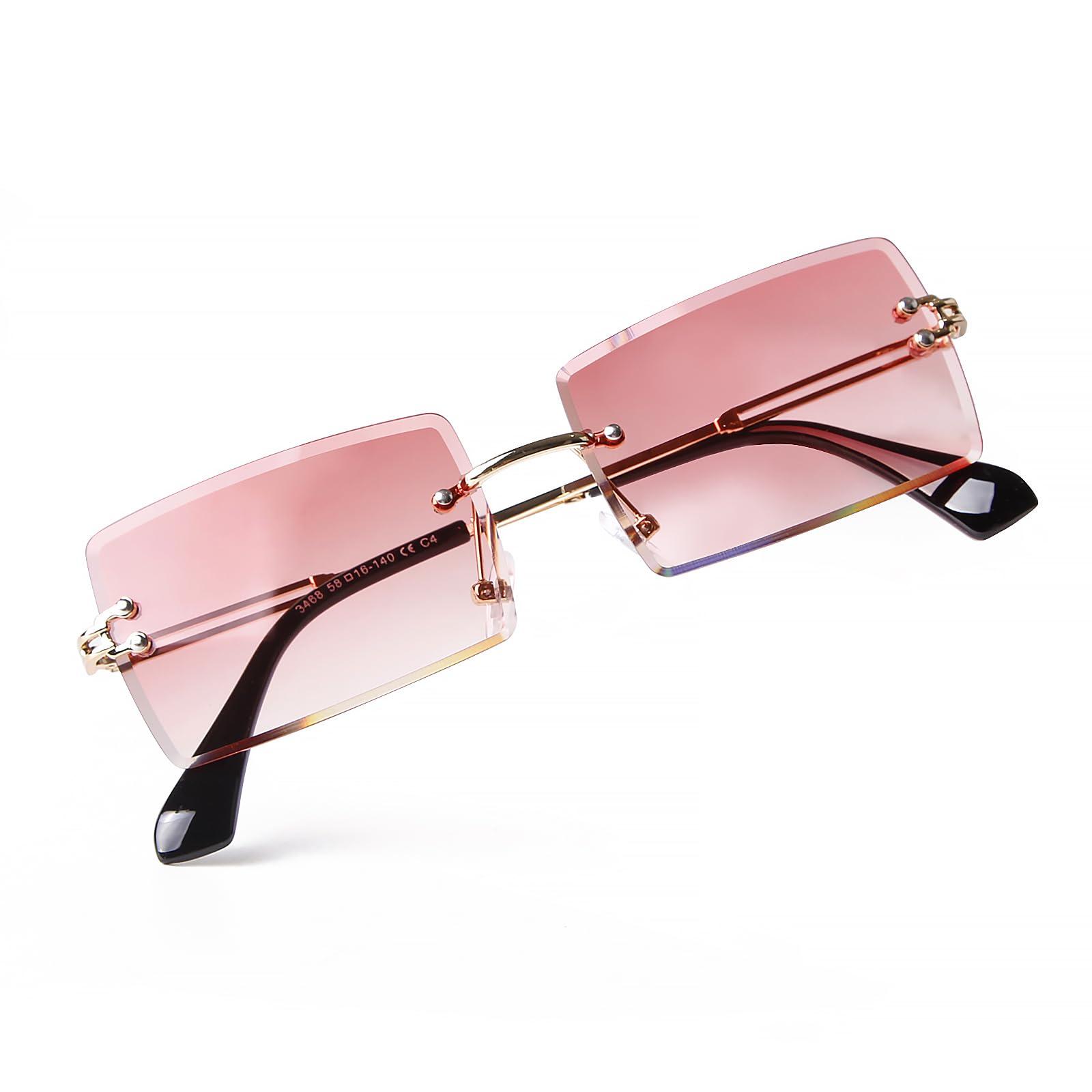 Laurinny Laurinny Rimless Rectangle Sunglasses for Women Fashion 90s Frameless Square Pink Tinted Sun Glasses