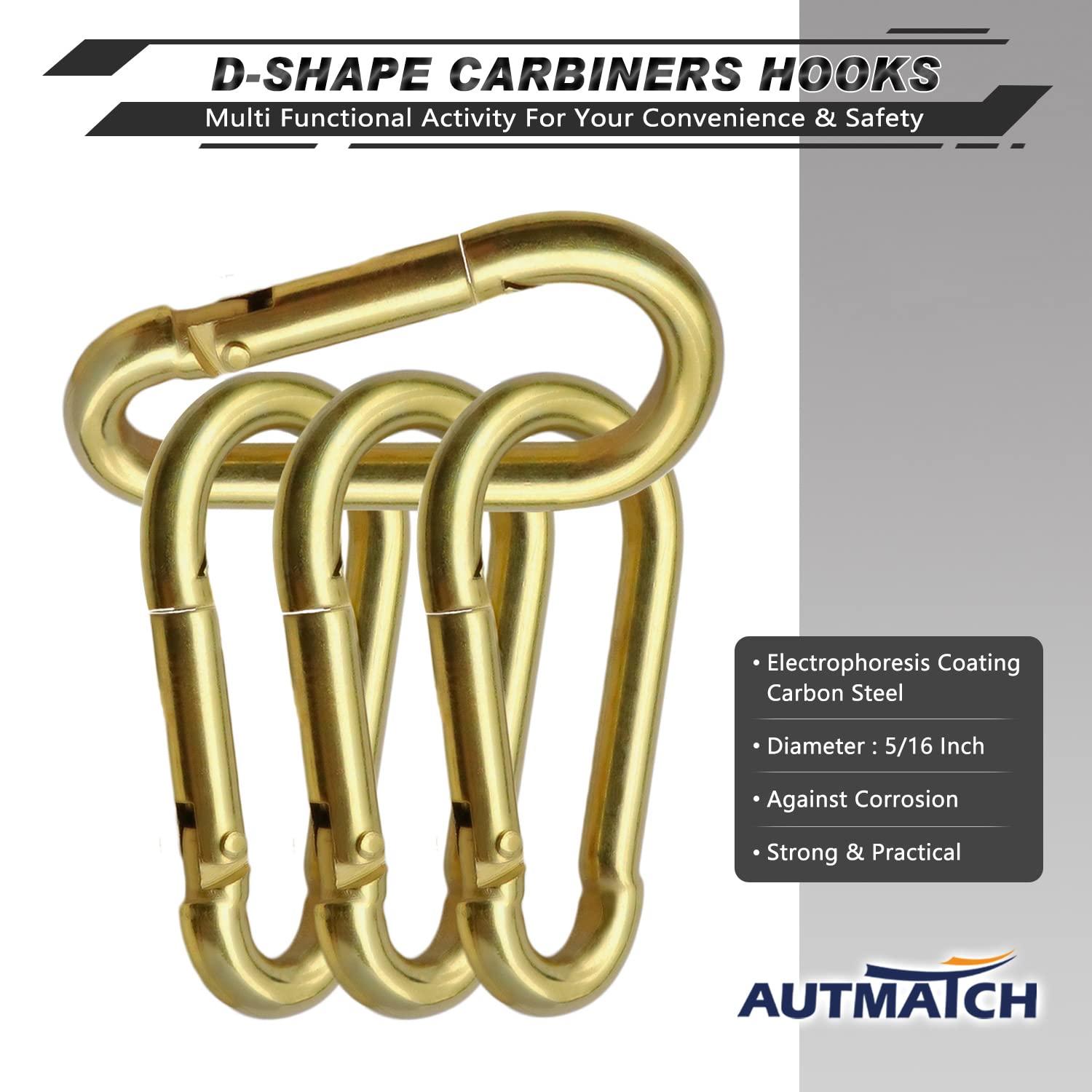 AUTMATCH AUTMATCH Carabiner Clips, 3\" Carbon Steel Spring Snap Hook Caribeener Clips Buckle Pack Grade Heavy Duty Carabiners Quick Link for Camping, Fishing, Hiking, Traveling, Gold, 4 Pack