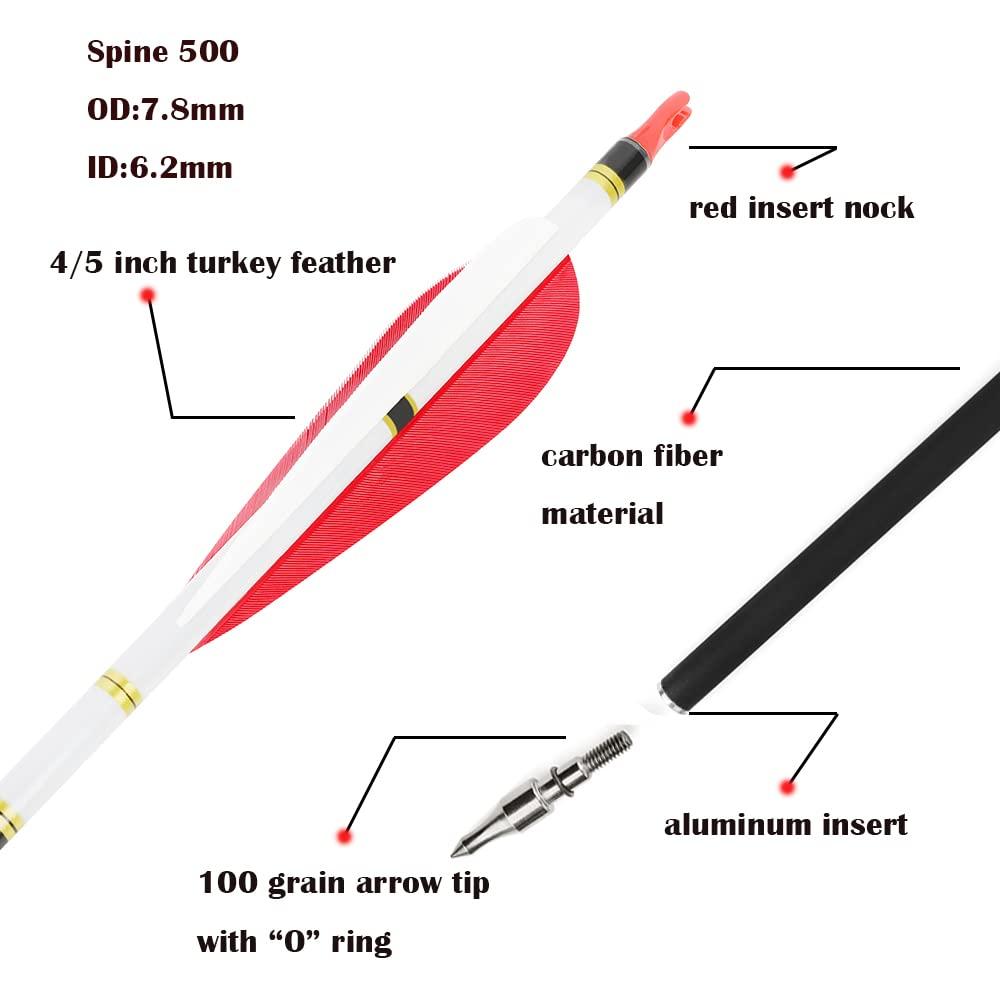 HNZMDY HNZMDY 30 inch Archery Carbon Arrows 500 Spine Hunting Arrows with 4\" 5\" Turkey Feather Fletching 100 Grain Points for Recurve Compound Bow Target Practice (4 inch Arrow Feather, 12 pcs Arrow)