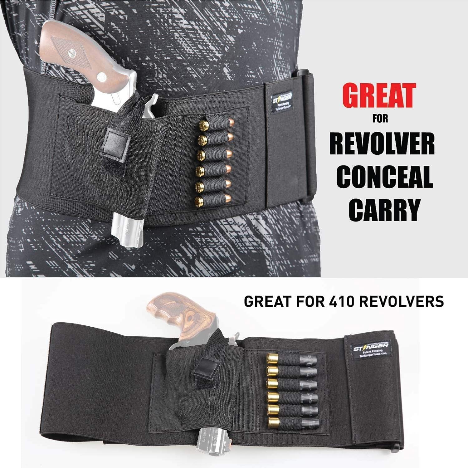 Stinger Stinger Belly Band Holster for Concealed Carry, IWB OWB Gun Holster, Breathable Fabric Comfortable Waistband Handgun Holster, Ammo Bandolier for Extra Round of Revolver Bullet (56", Right)
