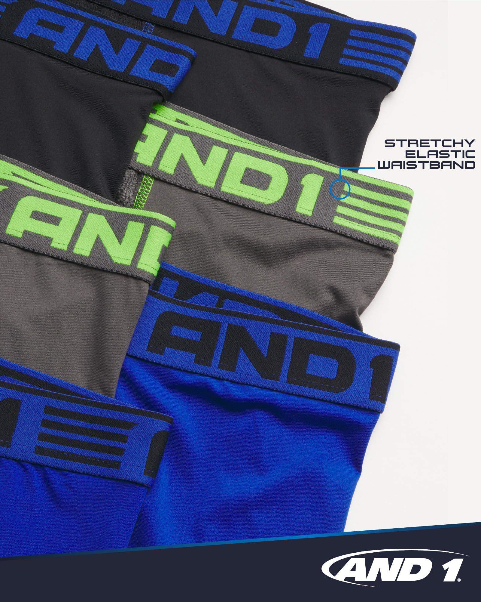 AND1 AND1 Mens Boxer Briefs - 6 Pack Stretch Long Leg Compression Underwear with Mesh Contour Pouch - Supportive Fit for Everyday Wear, Medium, Blue/Grey/Black