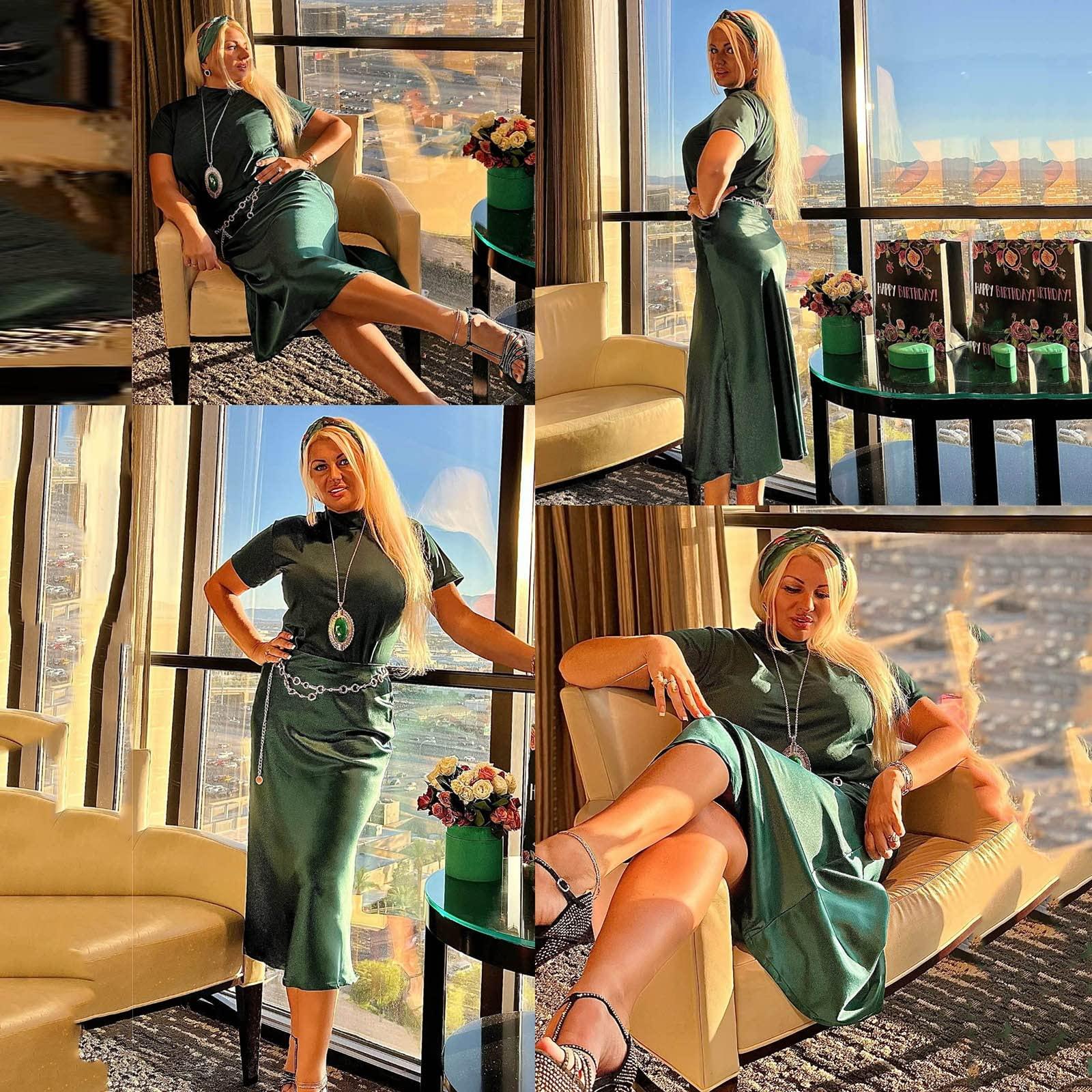 NineFit Basics Satin Skirts for Women Midi Length Silk Skirt Elegant High Waisted Midi Skirt Flowy A-Line Flared Cocktail Party Long Skirts Green