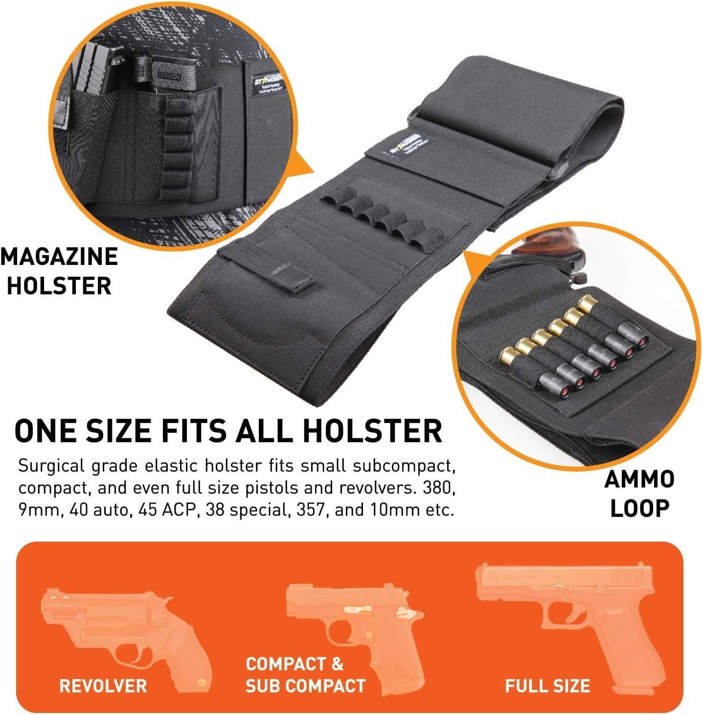 Stinger Stinger Belly Band Holster for Concealed Carry, IWB OWB Gun Holster, Breathable Fabric Comfortable Waistband Handgun Holster, Ammo Bandolier for Extra Round of Revolver Bullet (56", Right)