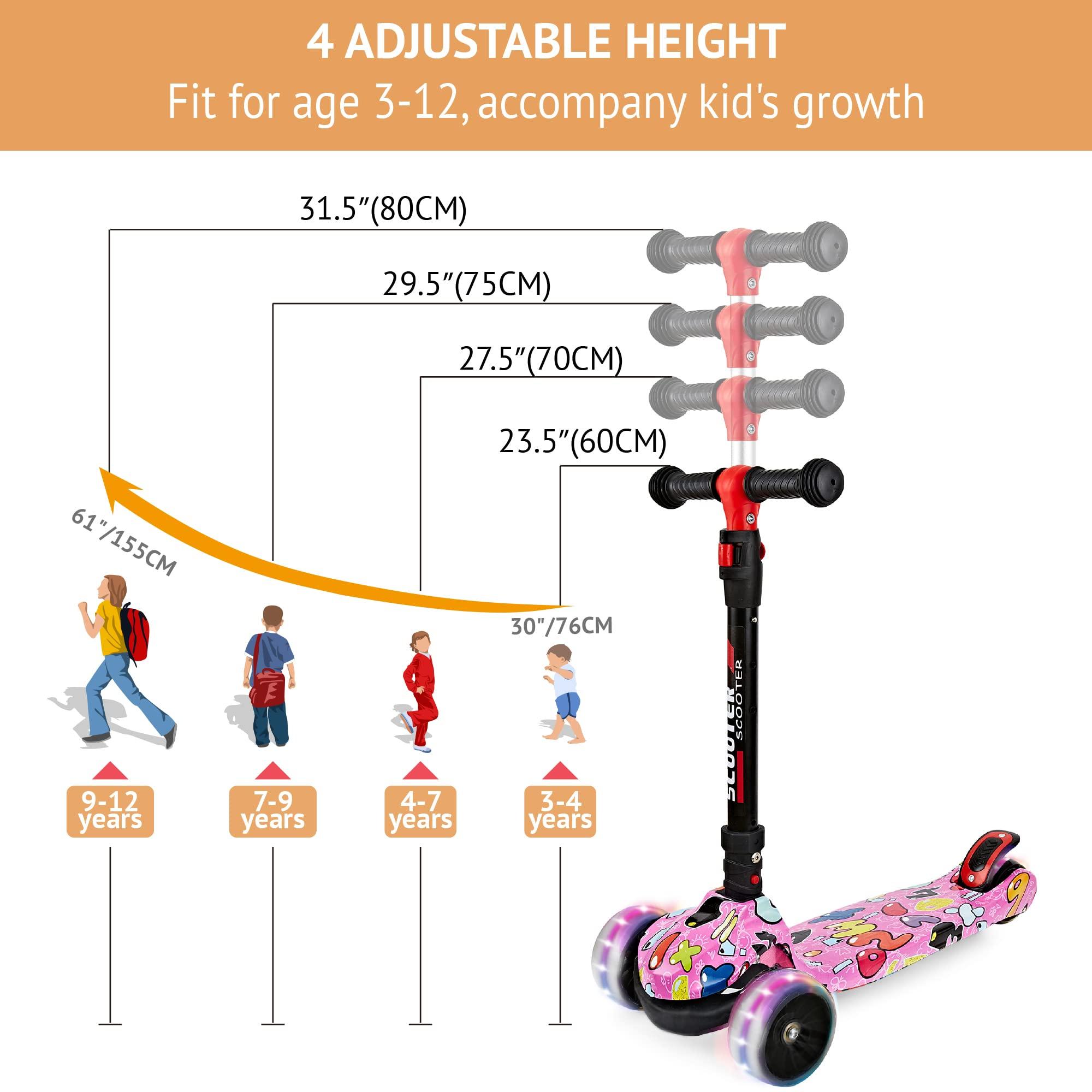 HOOJIN Scooter for Kids Ages 3-12, Foldable & Height Adjustable Kids Scooter with Graffiti Bodywork, Non-Slip Deck and Extra Wide PU Light-up Wheels (200 Lbs Weight Capacity)