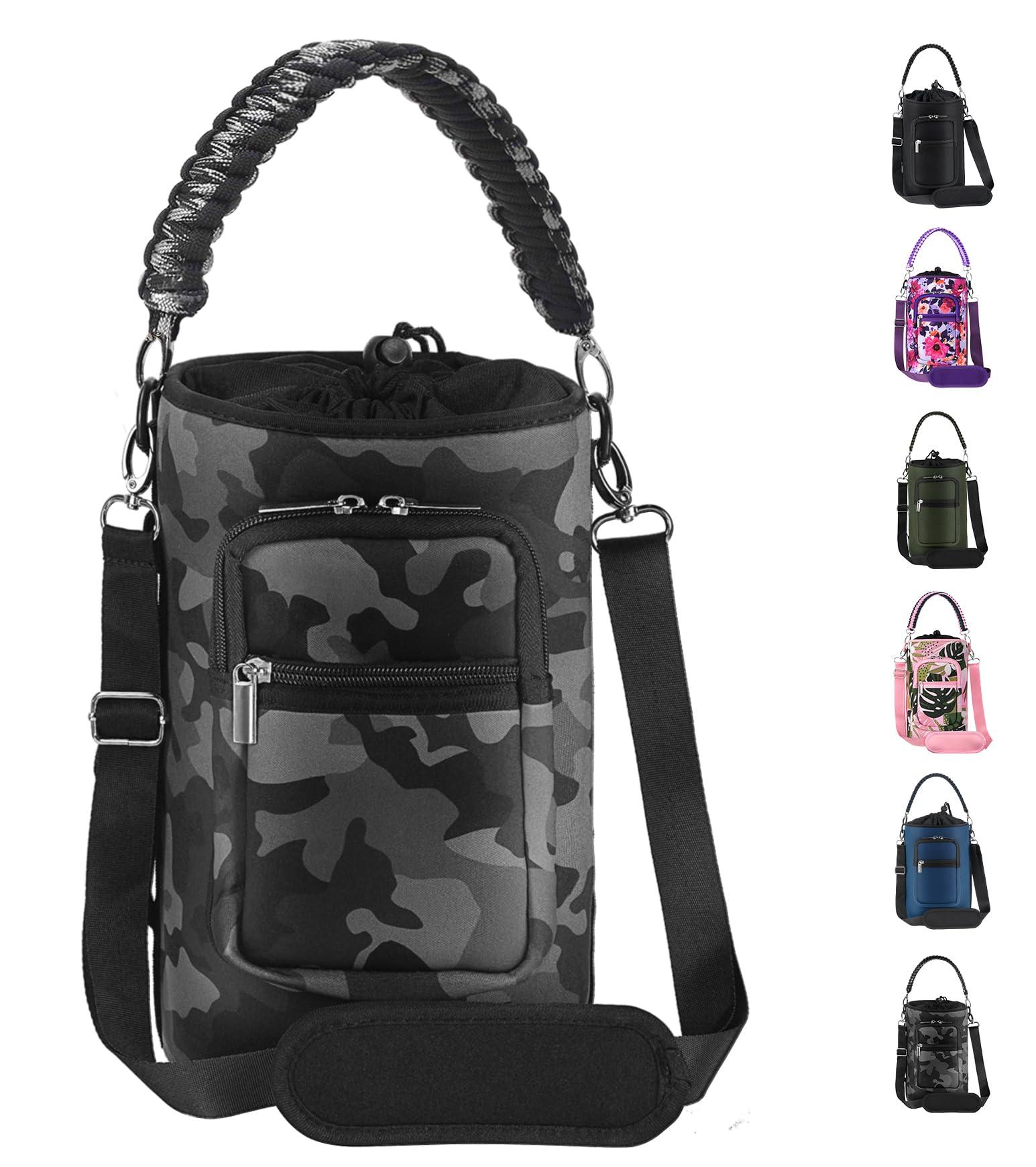 AceTreker AceTreker 64 oz /87 oz/128 oz Neoprene Insulated Water Bottle Carrier Bag, Sling Bag Sleeve Pouch Holder with Adjustable Shoulder Strap & Paracord Handle and 2 Pocket for Traveling, Camping-Gray Camo