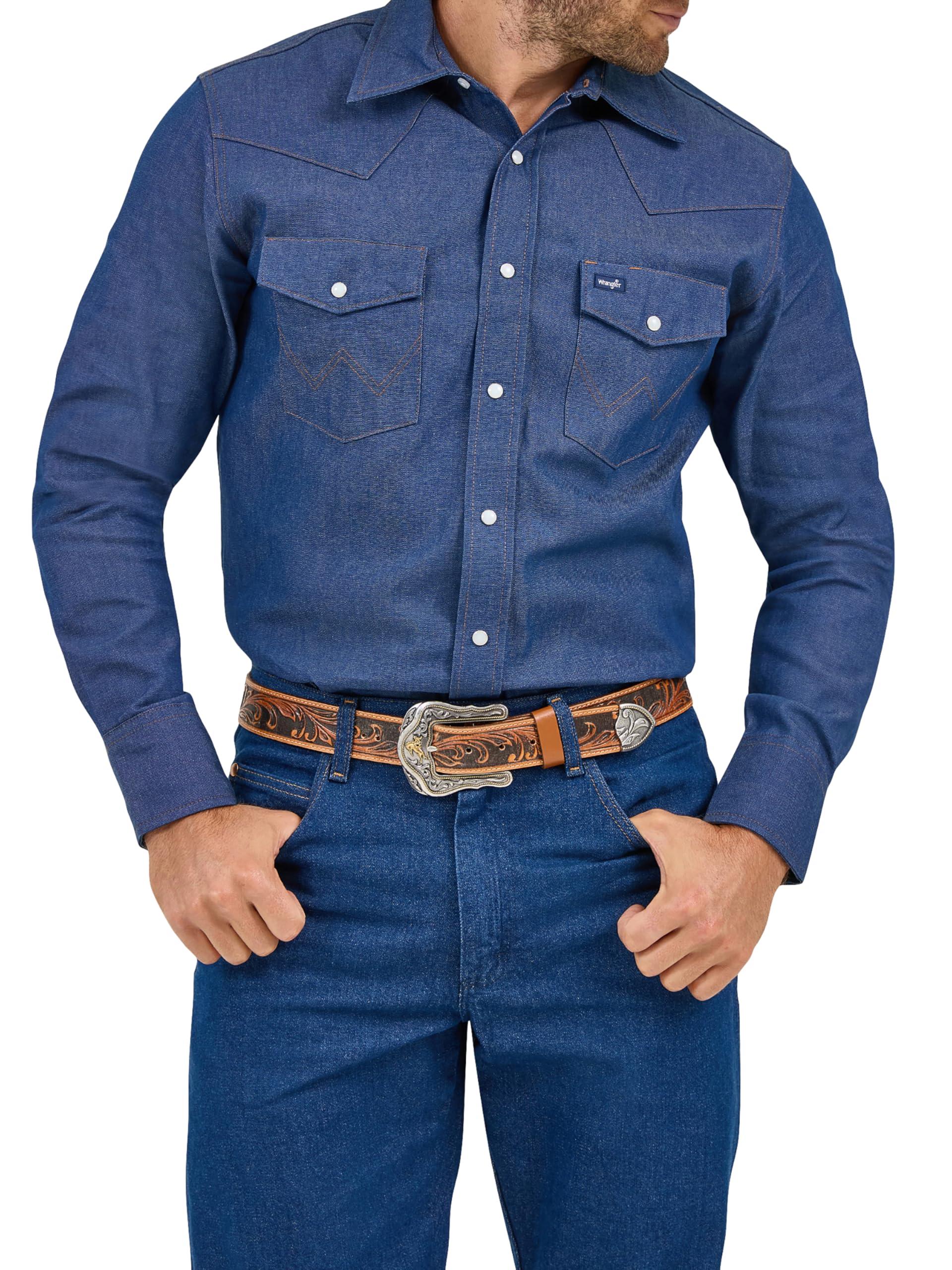 Wrangler Wrangler mens Cowboy Cut Western Long Sleeve Snap Work Firm Finish button down shirts, Indigo Denim, 16 Neck 33 Sleeve US