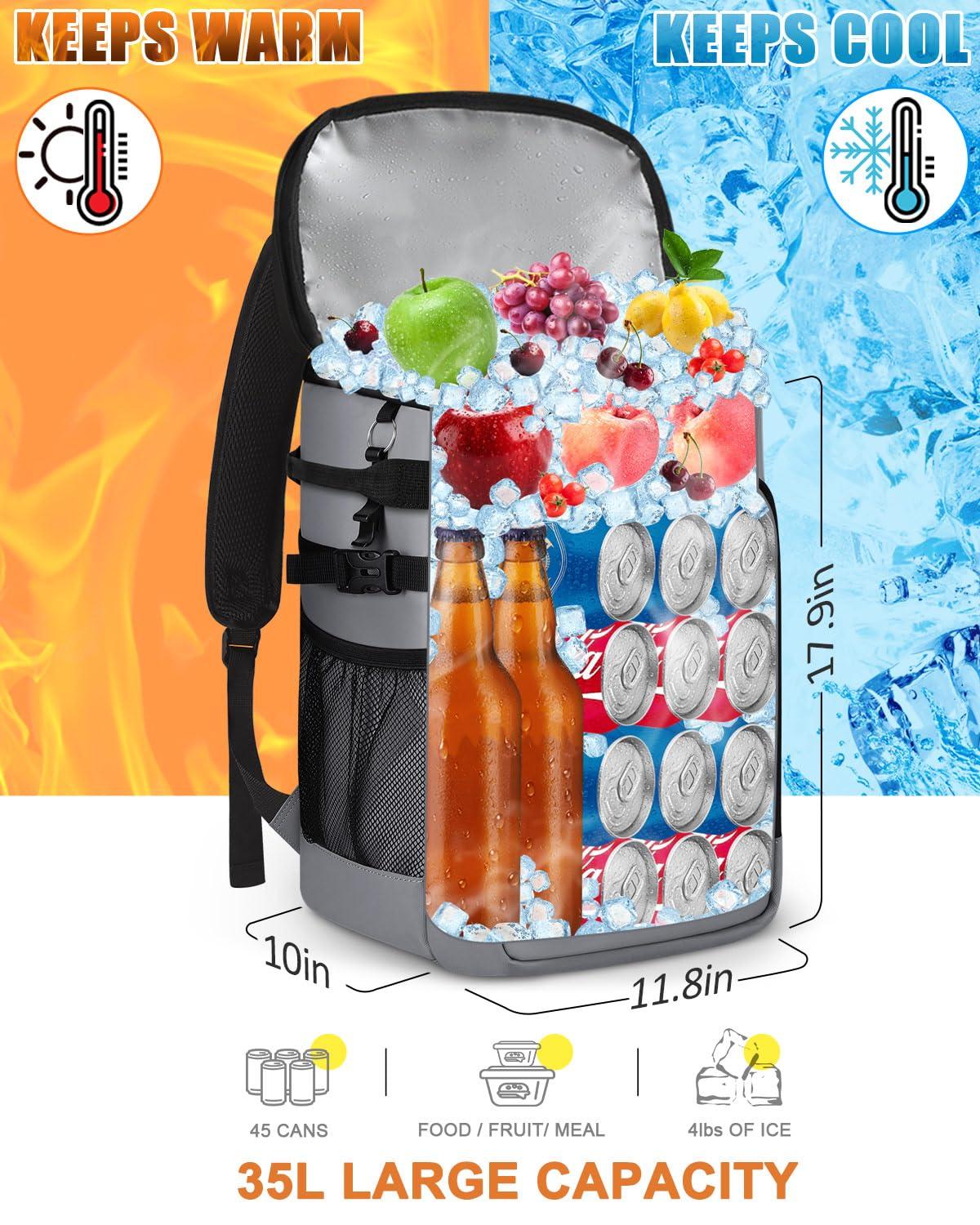 Capolo Capolo Cooler Backpack Insulated Waterproof for Women Men, Leak Proof Backpack Coolers Thermal Bag Soft Travel Cooler Bag Portable Ice Chest Lunch Backpack for Camping Picnic(Leather Gray,45 Cans)
