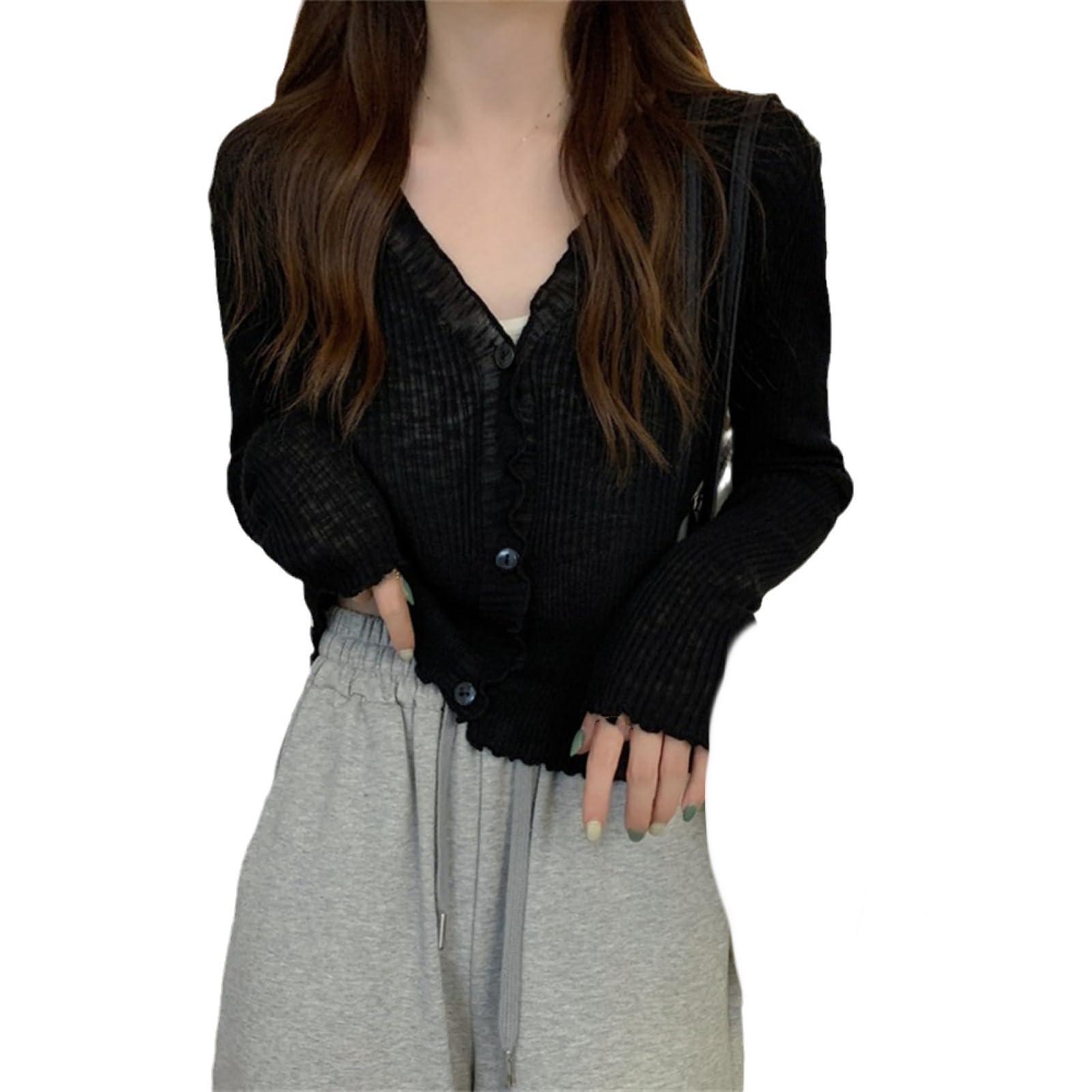 ORDOBO Summer Women's Cardigan - Korean Style Fashion Ice Silk Clothing Thin Solid Color Cardigan Long Sleeve Tops Short Shirt Vintage Elegant Spring Office Outerwear,Black,M