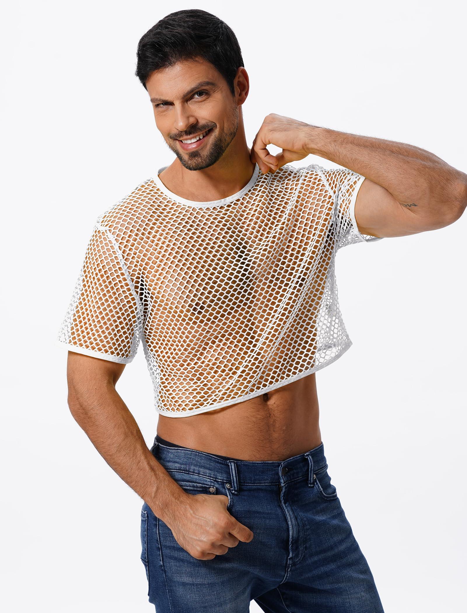 FYMNSI FYMNSI Men's Fishnet Top Mesh Tee Shirt Short Sleeve Round Neck Crop Top Party Club Rave Outfits for Men Muscle Workout Tank Tops See Through Undershirt Gym Training Sports Half Shirt Tops White XXL