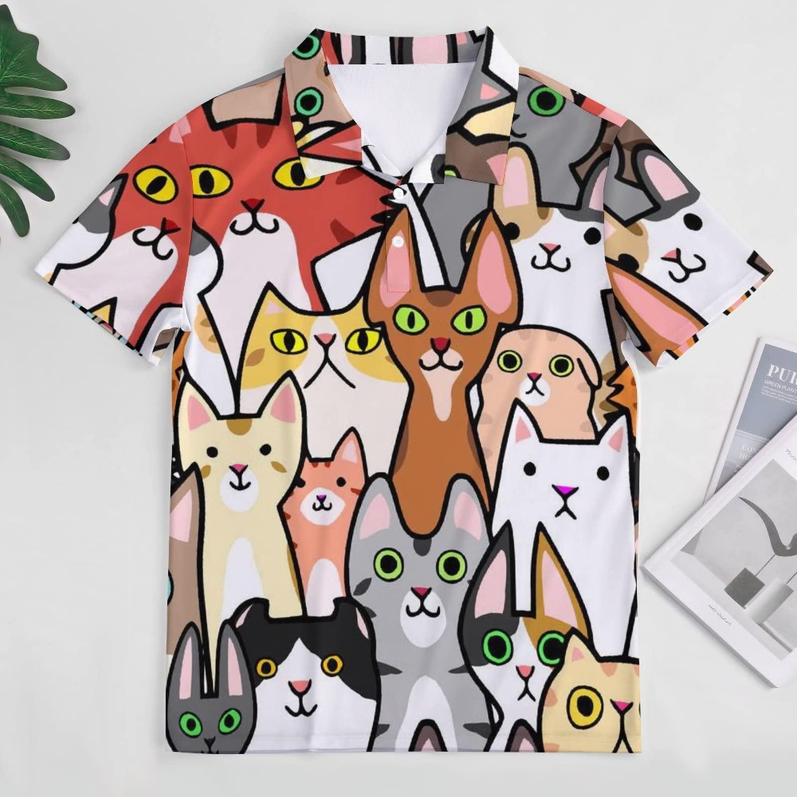 BAIKUTOUAN BAIKUTOUAN Colorful Doodle Cats Faces Men's Golf Polo-Shirt Short Sleeve Jersey Tees Casual Tennis Tops M