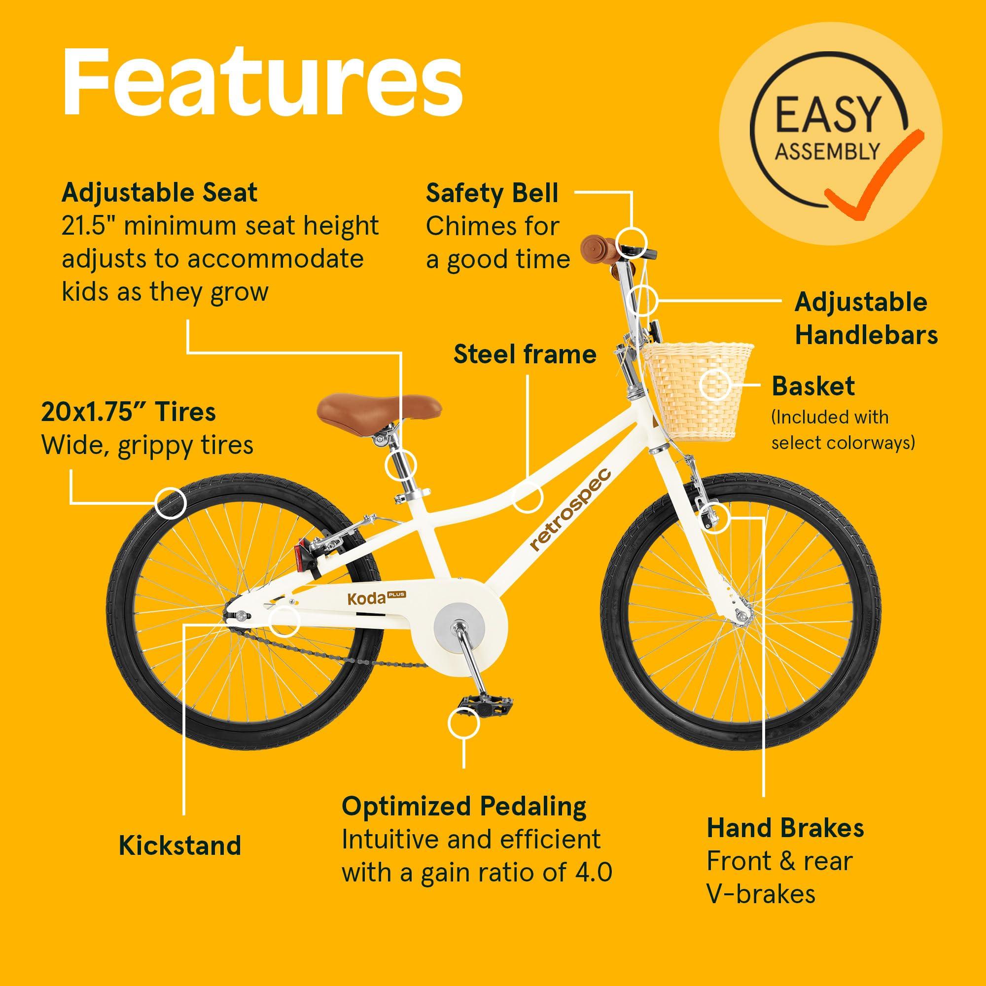 Retrospec Retrospec Koda Plus Kids Bike for Boys & Girls Ages 6-8 Years - 20\" Children\'s Bicycle, Adjustable Seat & Handlebars, Removable Training Wheels, Front Hand Brakes & Safety Bell