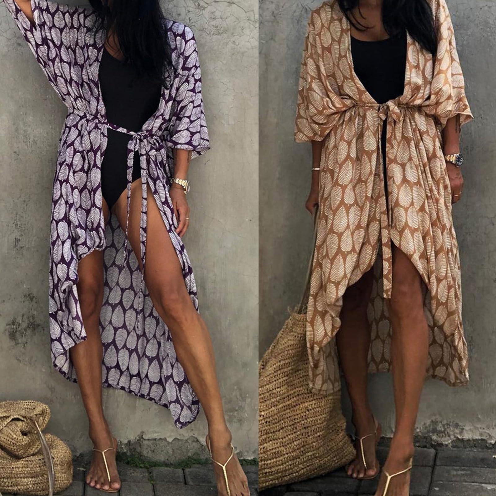 ZHENZQ ZHENZQ Women Swimsuit Printed Cover With Sleeve Long Gown Beach Dress Robe Beachwear Shawl Long Cover-ups Vacation