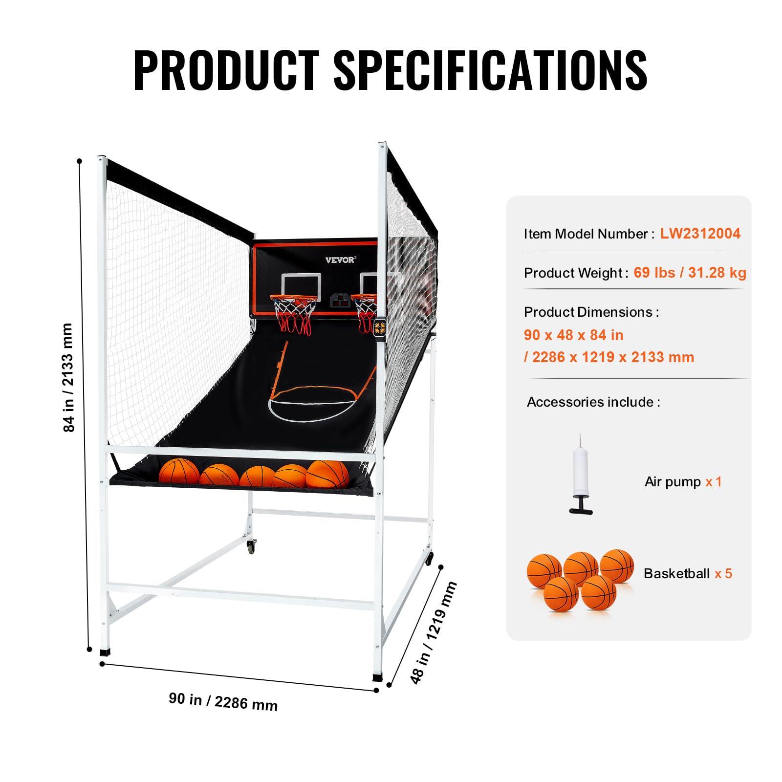 VEVOR VEVOR Arcade Cage Basketball Game, 2 Player Home Dual Shot Sport with 5 Balls, 8 Game Modes, Electronic Scoreboard, and Inflation Pump, Indoor Basketball Game for Kids, Youth Adults