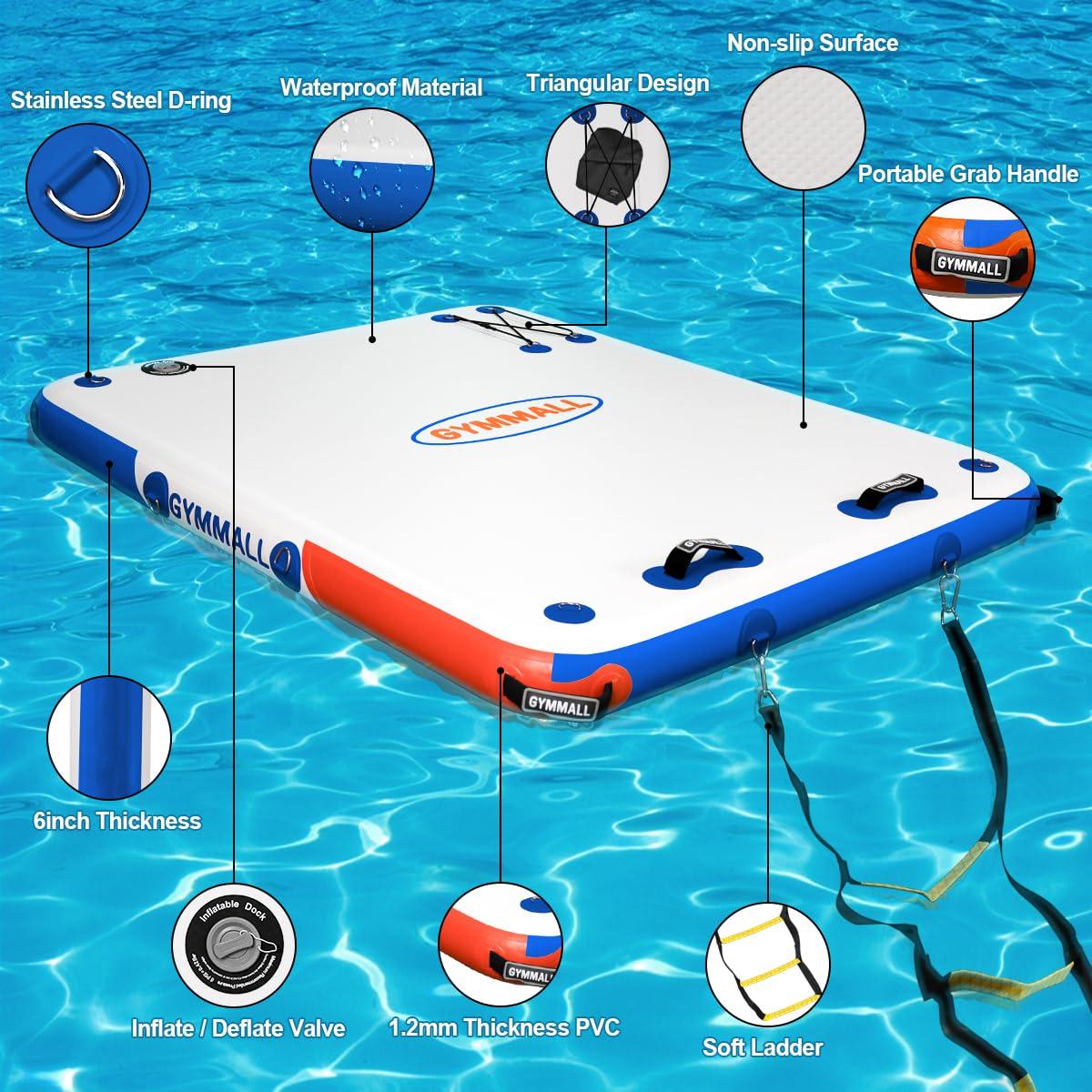 GYMMALL GYMMALL Inflatable Floating Dock Platform, 6ft*5ft Air Dock Platform Floating Island Raft with None-Slip Surface, 6in Thick Water Floating Dock Mat for Swimming Pool Lake Beach Ocean