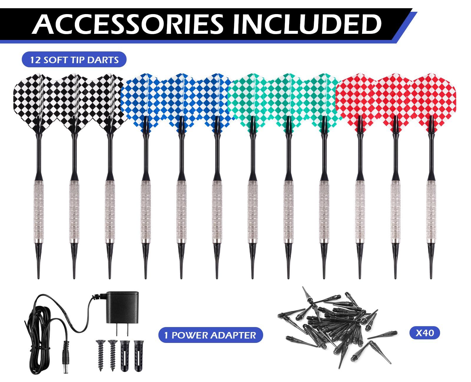 WIN.MAX WIN.MAX Electronic Dart Board Cabinet Set, LED Electric Digital Soft Tip Dart Boards for Adults with Cabinet, up to 16 Players, 38 Games and 211 Variations with 12 Soft Tip Dartboard Set (Silver)