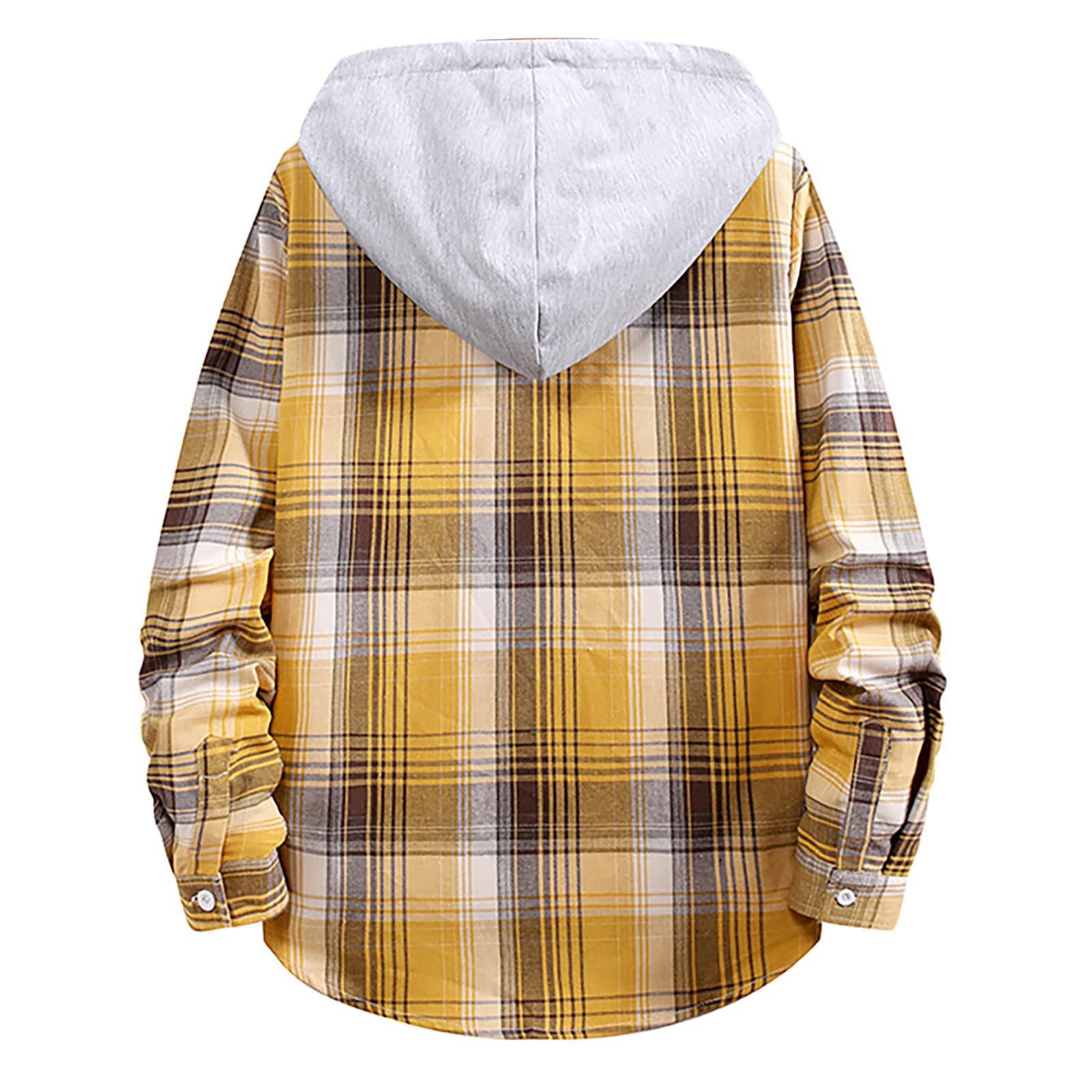 NineFit Basics Men Long Sleeve Quilted Lined Flannel Shirt Jacket with Hood Button-Down Flannel Plaid Shirt Hoodie Lightweight Jacket(Yellow,L)