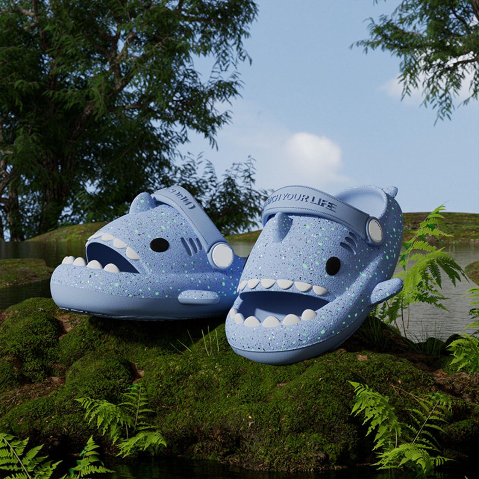 Jfxgjuv Jfxgjuv Angler Fish Slides Glow in The Dark Kids Shark Slides Glow in The Dark Luminous Shark Slippers Cloud Shark Slides with Strap Spooky Shark Slides (Blue,12-12.5 Little Kid)