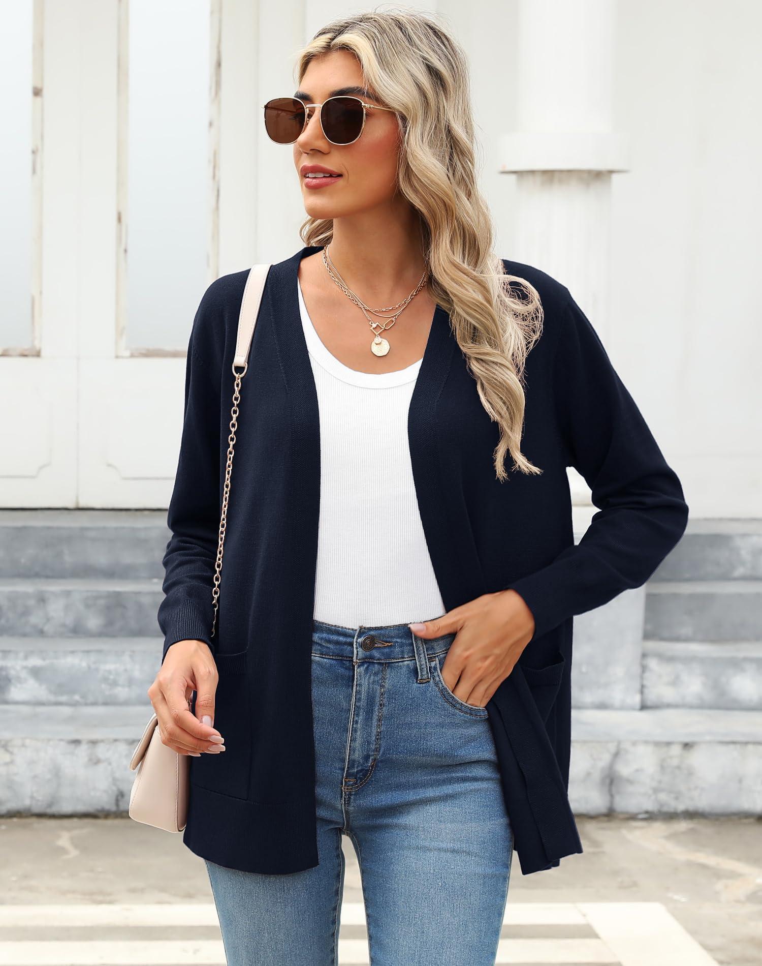 Veryoung Veryoung Womens 2024 Basic Knit Cardigan Sweaters Long Sleeve Open Front Cardigans Coat Casual with Pockets for Fall Winter,Navy Blue,L