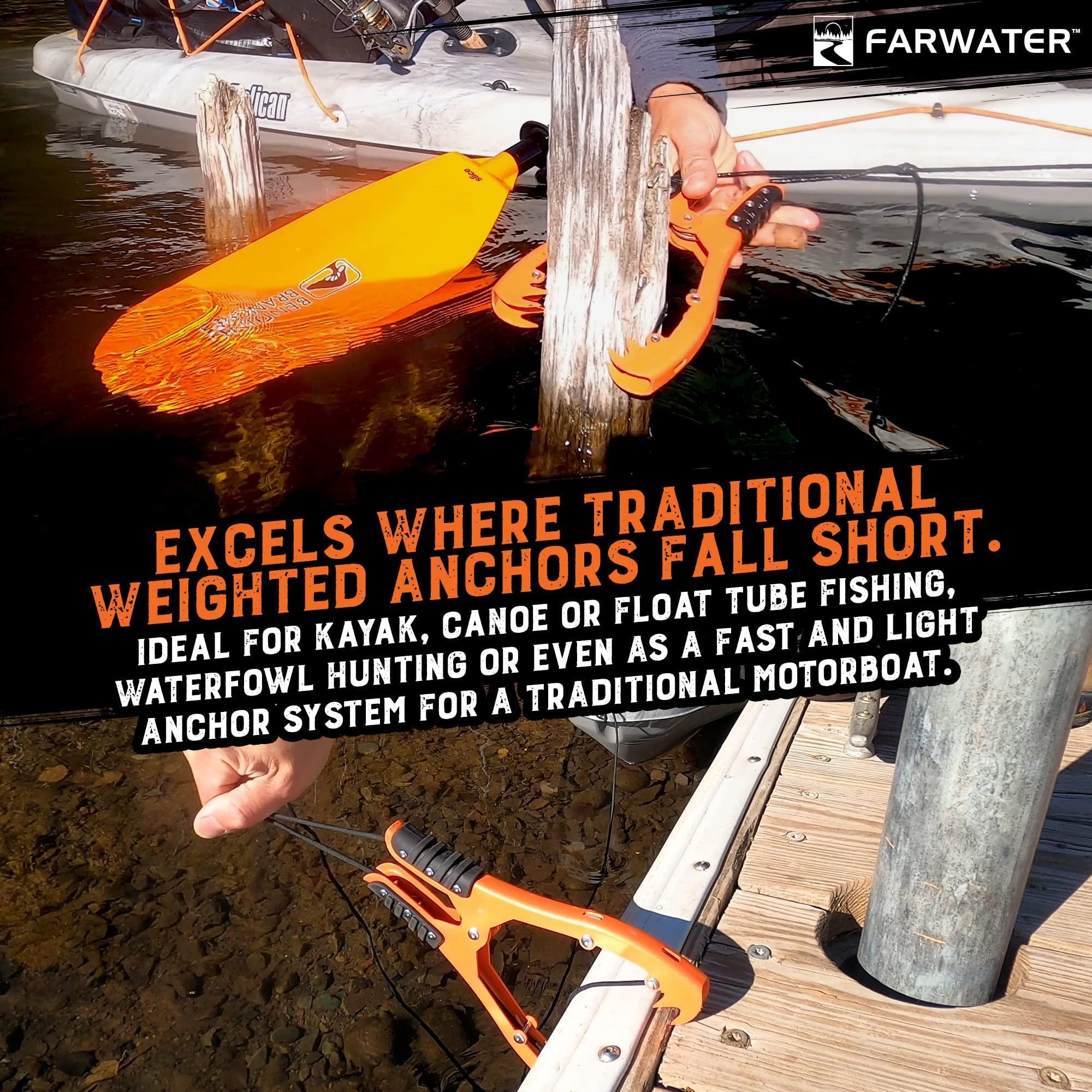 FARWATER FARWATER Canoe Anchor Grip - Boat, Float Tube & Kayak Fishing Accessories, Kayaking Equipment - Brush Clamp Anchor with Teeth - Gripper with 15ft Paracord - Rubber Grips - Coated Steel - Matte Orange