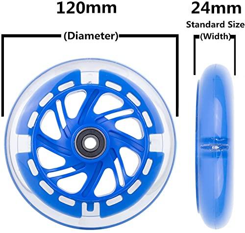 AOWISH AOWISH 120mm Light-up Scooter Wheels Pair 120mm X 24mm Scooters LED Flash Front Wheels Replacement w/Bearings ABEC-9 for Micro Kickboard, 3-Wheeled Push Scooters (Blue)