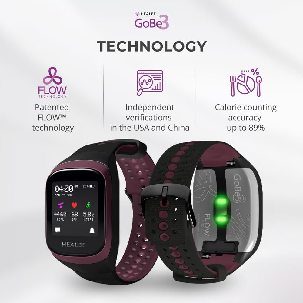HEALBE GoBe HEALBE GoBe3 - Wearable Health, Fitness and Activity Tracker with Automatic Tracking of Calorie Intake and Burning, Water Balance, Heart Rate, Sleep, neuroactivity, and Stress, with Free app, Burgundy