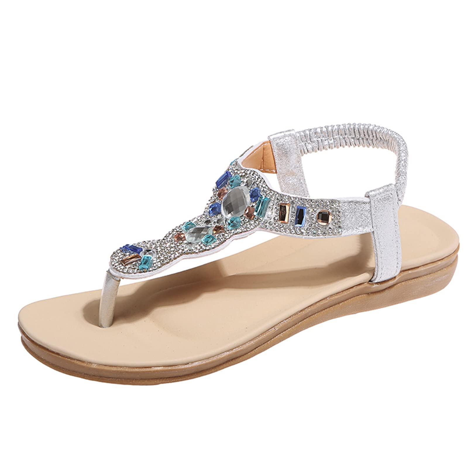 ZBYY ZBYY Women's Flat Sandals,Summer T Strap Flip Flops Sandal with Rhinestone Beaded Bohemian Dress Gladiator Sandal Shoes