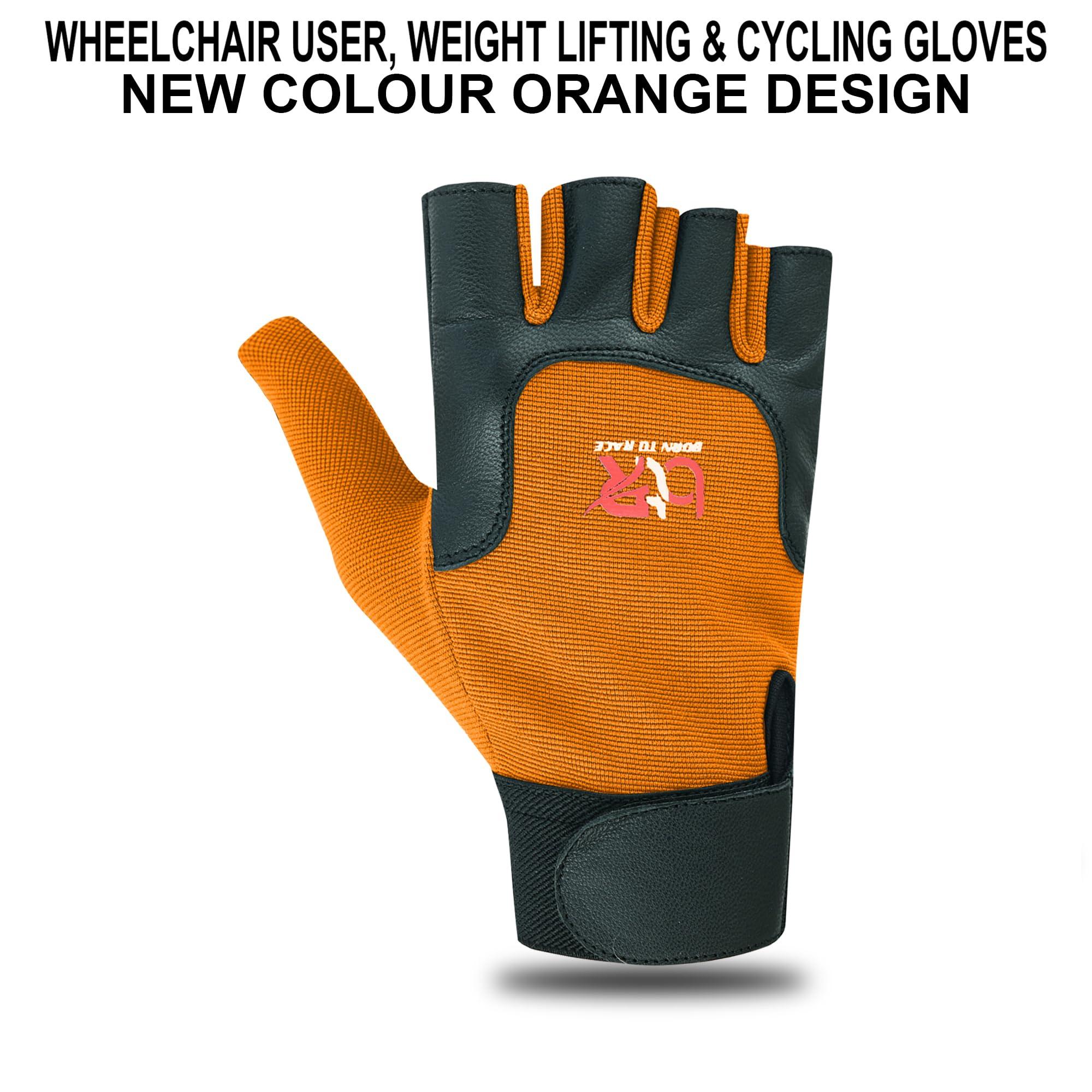 BTR BORN TO RACE BTR BORN TO RACE Wheelchair User Gloves Mobility Disability Fingerless Long Thumb Leather Palm for Men and Women Workout Weight Lifting, Cycling, Driving Gloves New Camo Design Unisex (L, Orange)